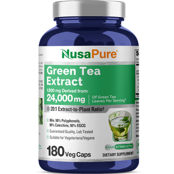 NusaPure Green Tea 20:1 Extract, 1200 mg Equivalent to 24000mg, 180 Vegan Capsules, 50% EGCG, 98% Polyphenols, 80% Catechins NusaPureAu supplements