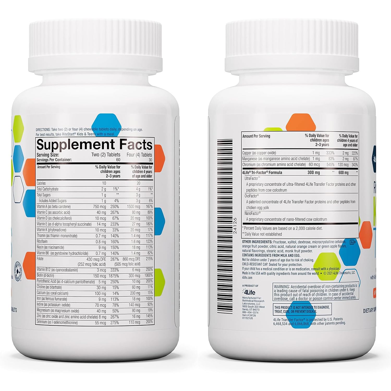 4Life RiteStart Kids and Teens- Apple, Orange Flavors, 22 Essential Vitamins, Minerals, Immune System and Brain Support Ages 2+ - 120 Chewable Tablets 4LifeAu supplements