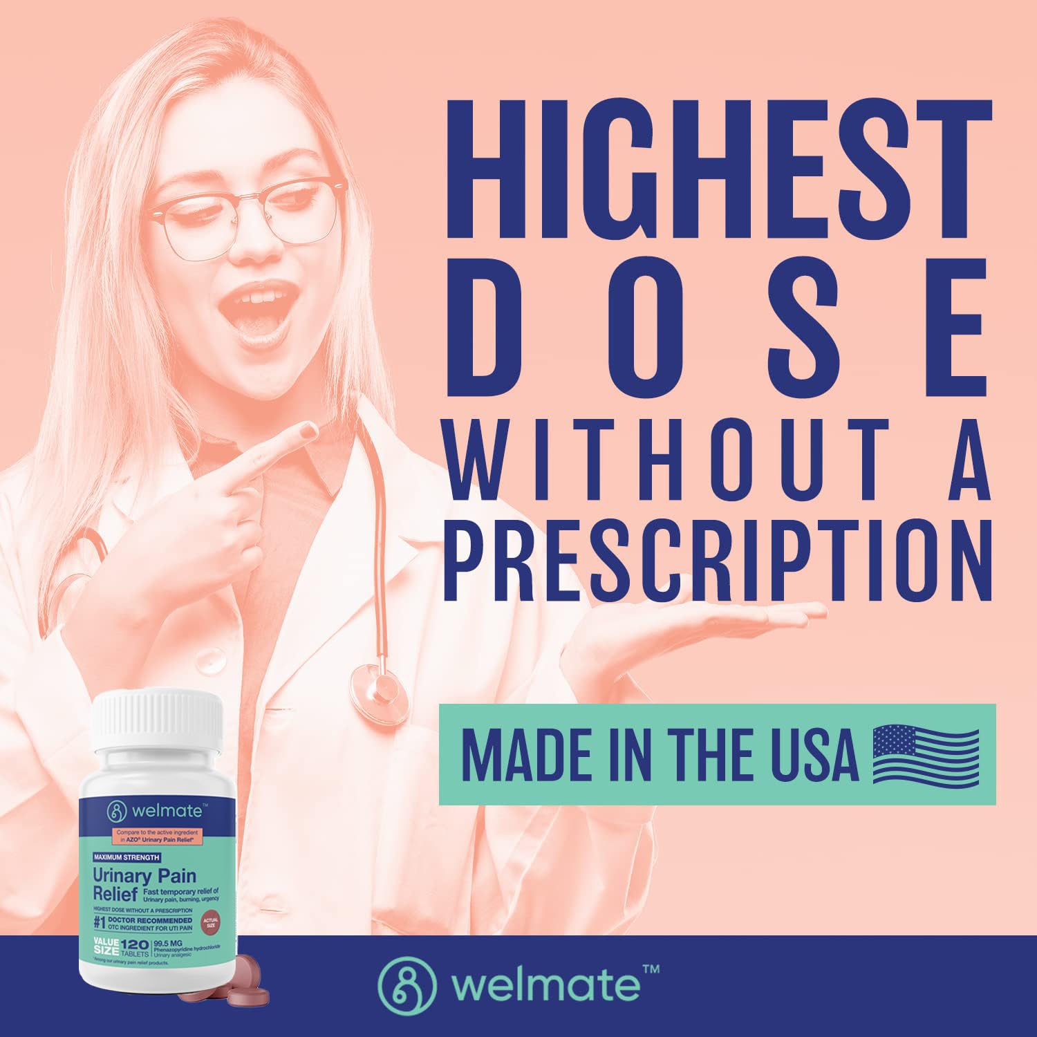 WELMATE Urinary Pain UTI Relief Maximum Strength (Phenazopyridine HCL) - Improve Urinary Tract Health & Bladder Control, Urgency, & Discomfort | Over-The-Counter Medication for Men & Women (120 Pills) WELMATEAu supplements
