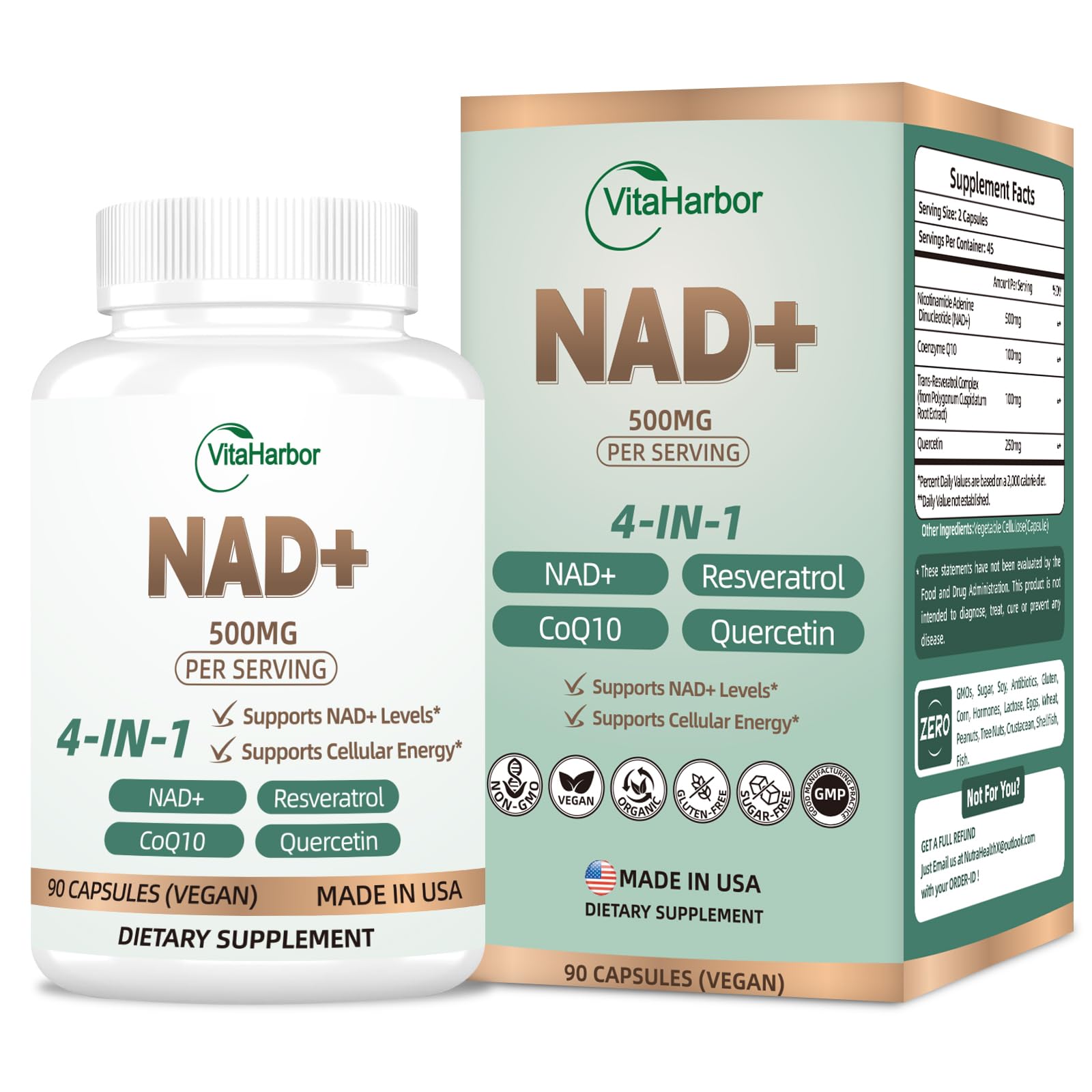 NAD Supplement 500mg, Pure Organic NAD+ Supplement for Women & Men, NAD+ with Trans-Resveratrol & CoQ10 & Quercetin for Cellular Energy & Healthy Aging, NMN Alternative (90 Vegan Caps) VitaHarborAu supplements