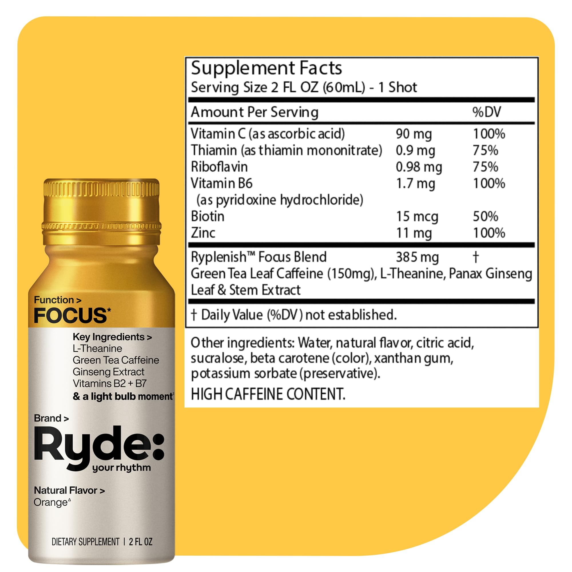 Ryde: Focus Shot | Orange Flavor | L-Theanine & Ginseng | Green Tea Caffeine | Vitamins B2 & B7 | 0 Calories, 0 Sugar | 2 FL OZ Shots | Supports Focus* (8 Pack) RYDEAu supplements