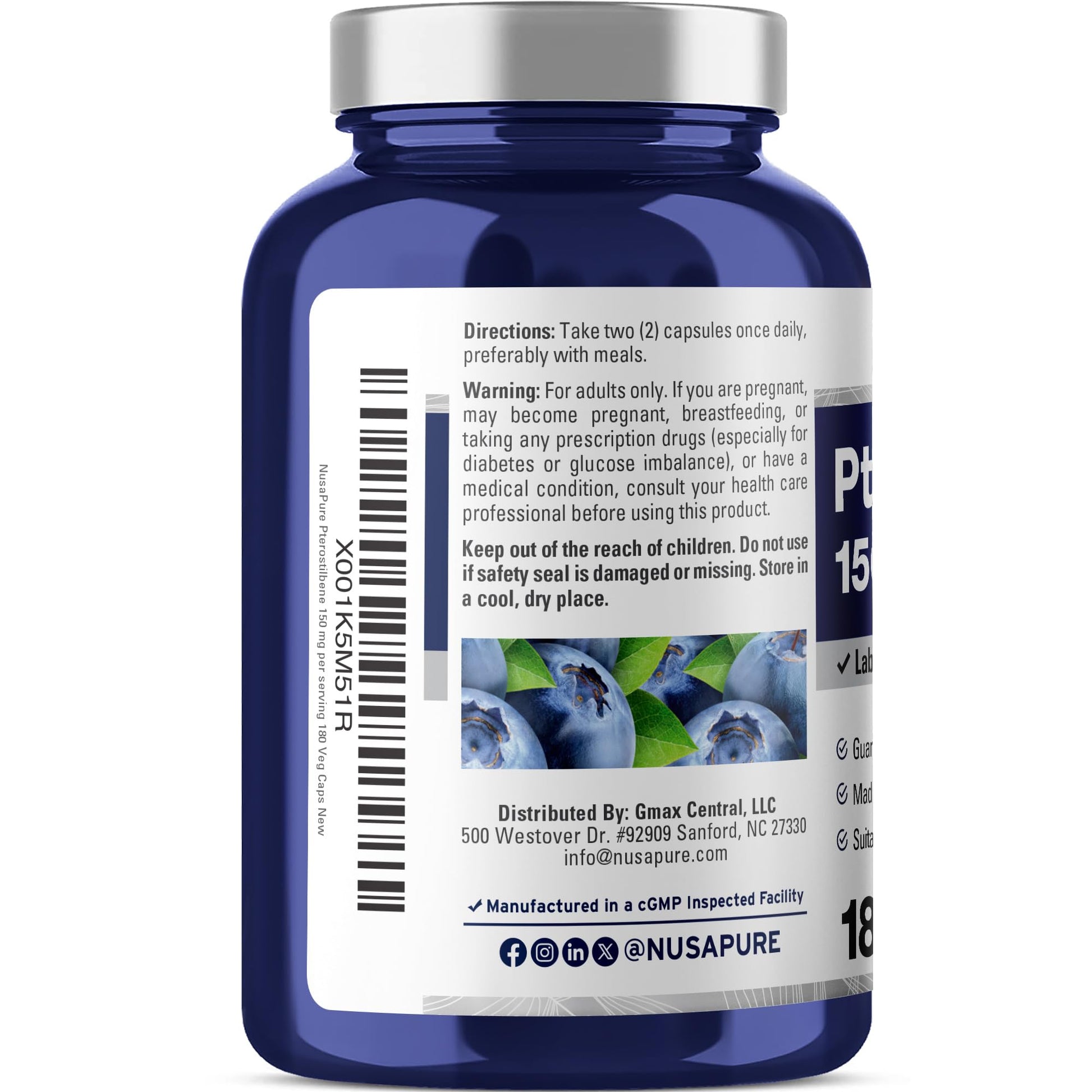 NusaPure Pterostilbene 150mg 180 Veggie Caps (Non-GMO, Vegan) NusaPureAu supplements