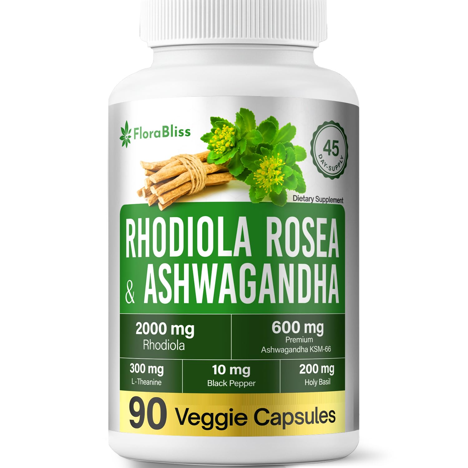 FloraBliss Rhodiola Rosea with Ashwagandha KSM-66, L-Theanine, Holy Basil & Black Pepper - 90 High Potency Vegan Capsules - 45-Day Supply FloraBlissAu supplements