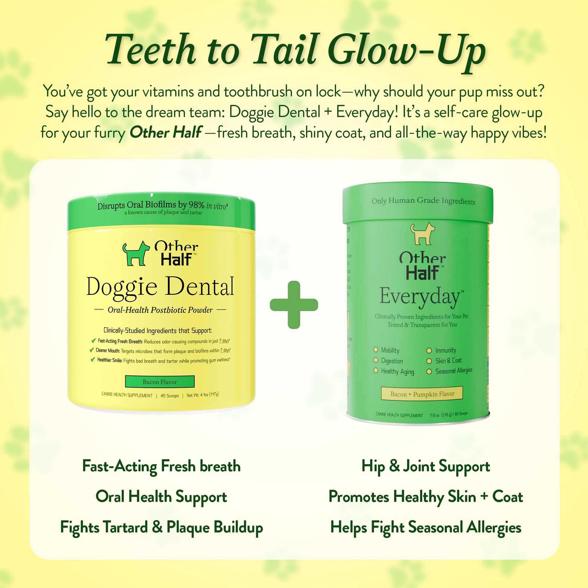 OTHER HALF Doggie Dental Supplement Powder - Dog Breath Freshener & Teeth Cleaning Made Easy - Oral Health Postbiotic for Dogs - Targets Tartar, Plaque & Bad Breath | 45 Scoops, Bacon Flavor OTHER HALFAu supplements