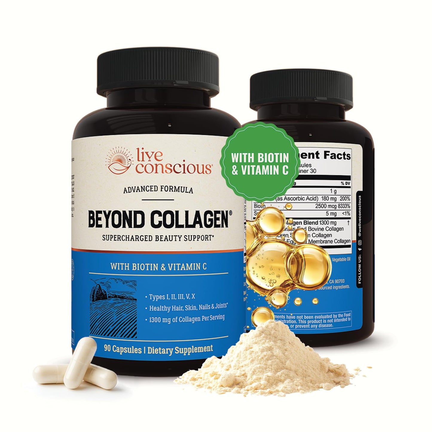 Live Conscious Beyond Collagen Multi Collagen Capsules - Types I, II, III, V & X - Hydrolyzed Blend with Biotin & Vitamin C Live ConsciousUS supplements