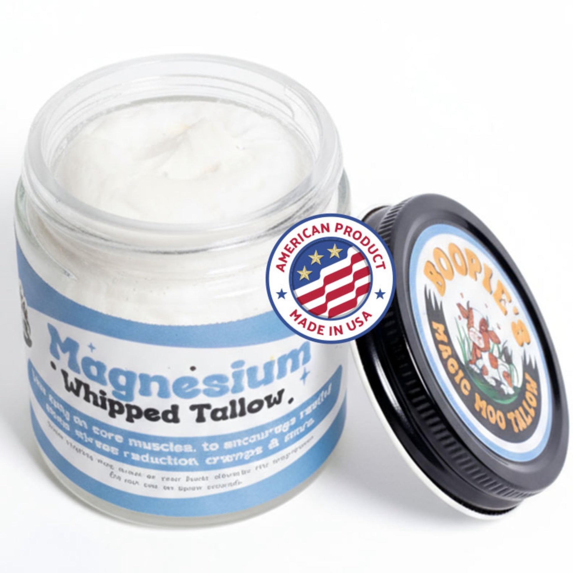 Magic Moo Magnesium Whipped Tallow Skincare for sore muscles, sleep, muscle and period cramps, stress, relaxation & more. Topical magnesium that works. Boopie's Magic Moo TallowAu supplements