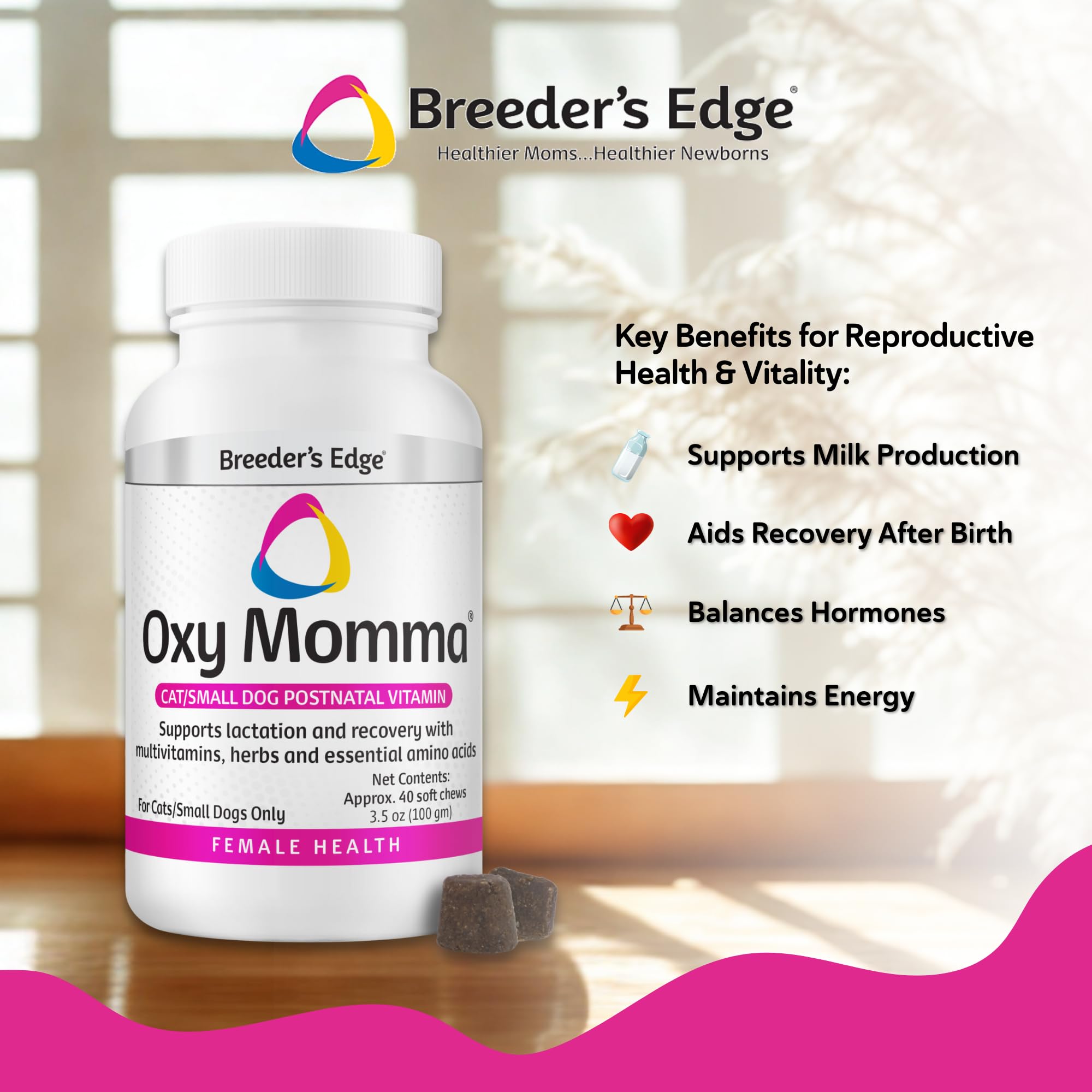Breeder's Edge Oxy Momma Soft Chews, Postnatal Vitamin Supplement for Lactating Dogs and Cats, Supports Recovery, Hormones, and Next Pregnancy - for Small Dogs & Cats, 40ct Soft Chews Revival Animal HealthAu supplements