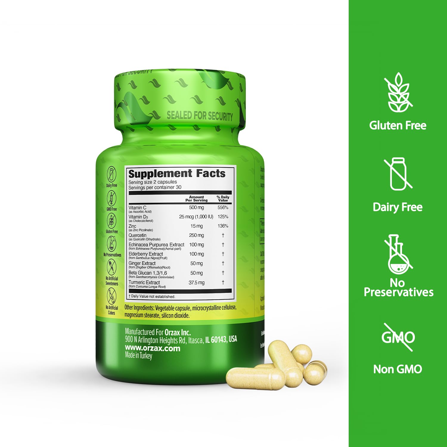 ORZAX 9 in 1 Immune Defense Booster Herbal Supplement, Specialized High Strength Formula - Vitamin C & D, Zinc, Quercetin, Turmeric & Ginger, Echinacea - Non-GMO - 60 Veggie Capsules - 30 Day Supply ORZAXAu supplements