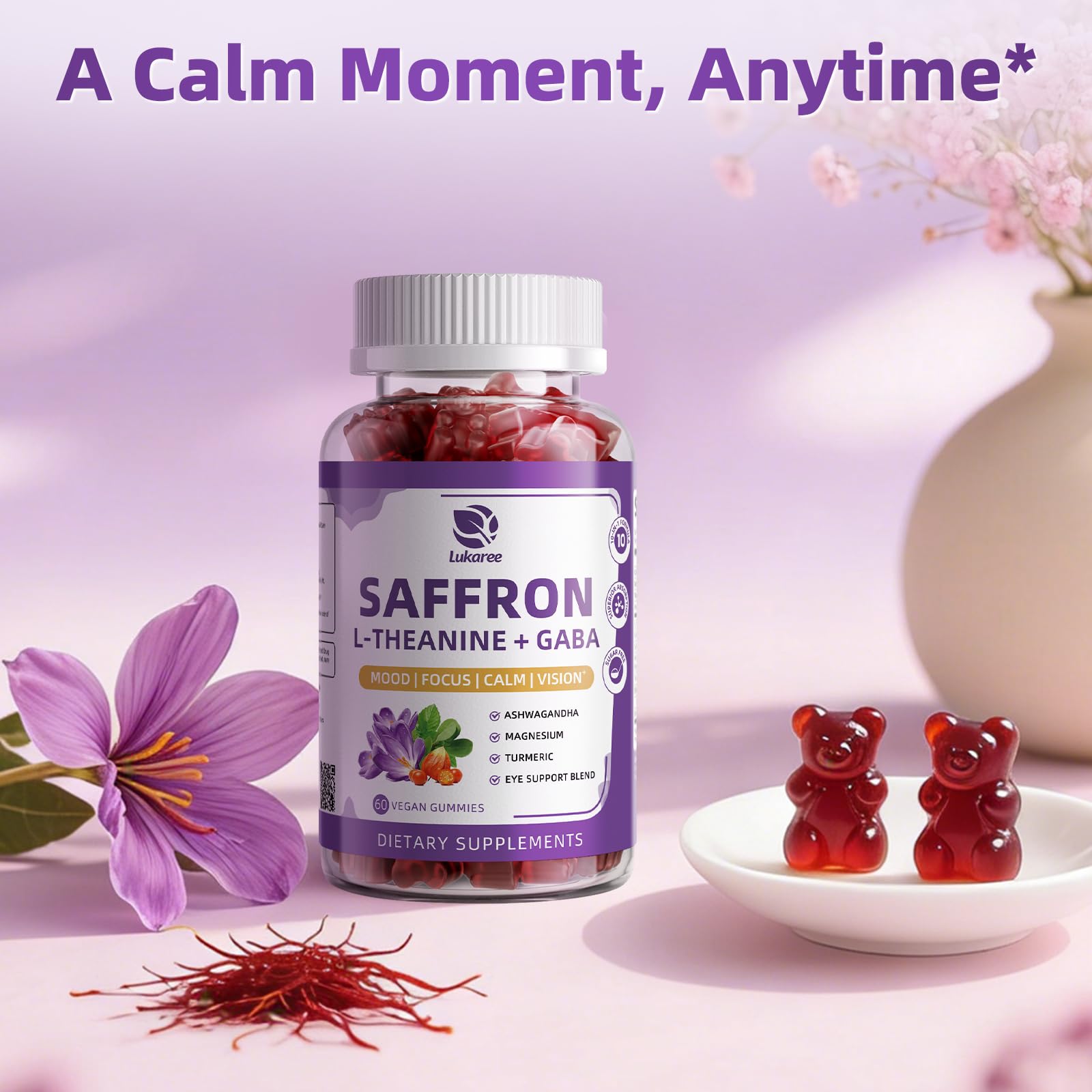 10-in-1 Saffron Supplements Gummies - Saffron Extract 88.5 mg with L-Theanine, GABA, Ashwagandha, Turmeric,Magnesium – Mood, Focus, Vision Support & Cortisol Balance, Sugar Free, Vegan, 60 Counts LukareeAu supplements
