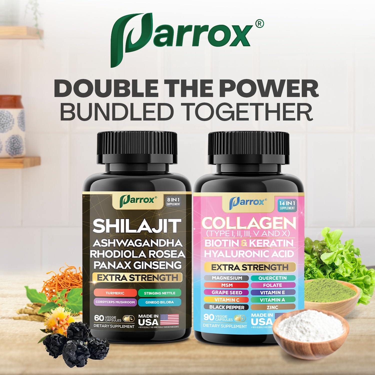 Parrox Adaptogen & Beauty Bundle – Rhodiola, Panax Ginseng, Ashwagandha, Cordyceps, Turmeric, Collagen, Biotin, Keratin, MSM, Hyaluronic Acid, Zinc, Quercetin, Vitamin C, A & E, Folate, Magnesium ParroxAu supplements