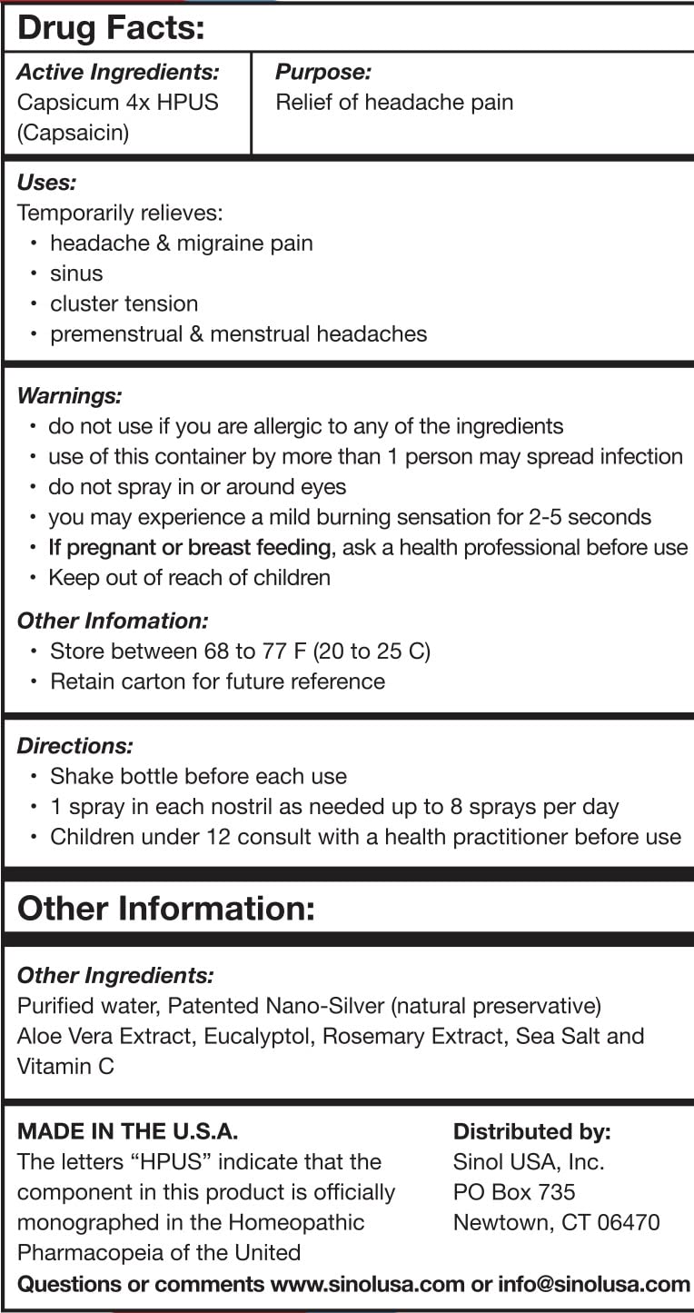 Sinol Headache Relief Spray, Over-The-Counter Medication Nose Spray for Migraine Cluster Tension, Sinus Relief & Nasal Decongestants, 15 ml SinolAu supplements
