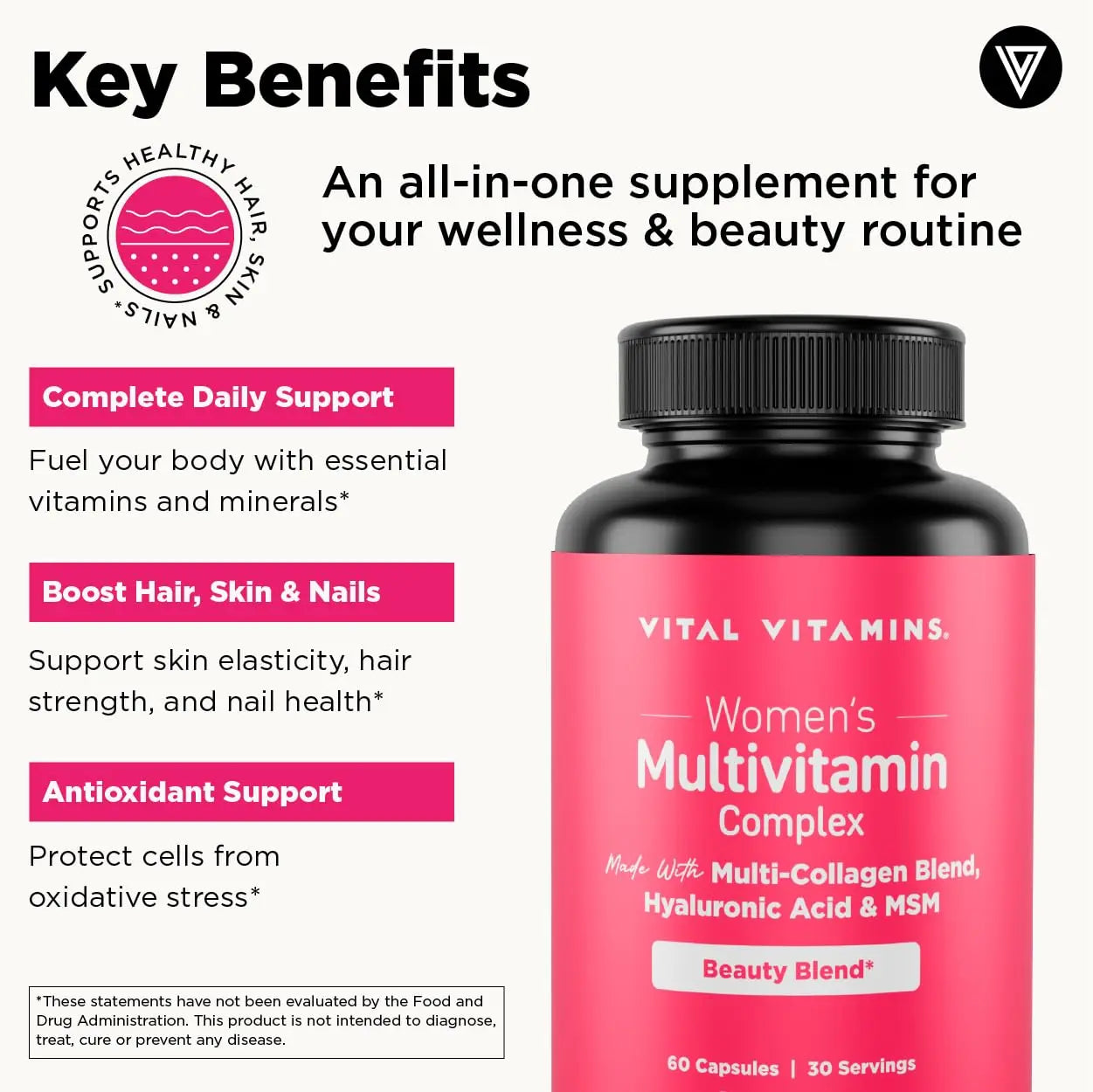 Vital Vitamins Women's Multivitamin Complex - Made with Multi-Collagen Blend, Hyaluronic Acid, & MSM - Beauty Multivitamins - with Vitamin A, C, E, B6, B12, D3-60 Capsules Vital VitaminsAu supplements