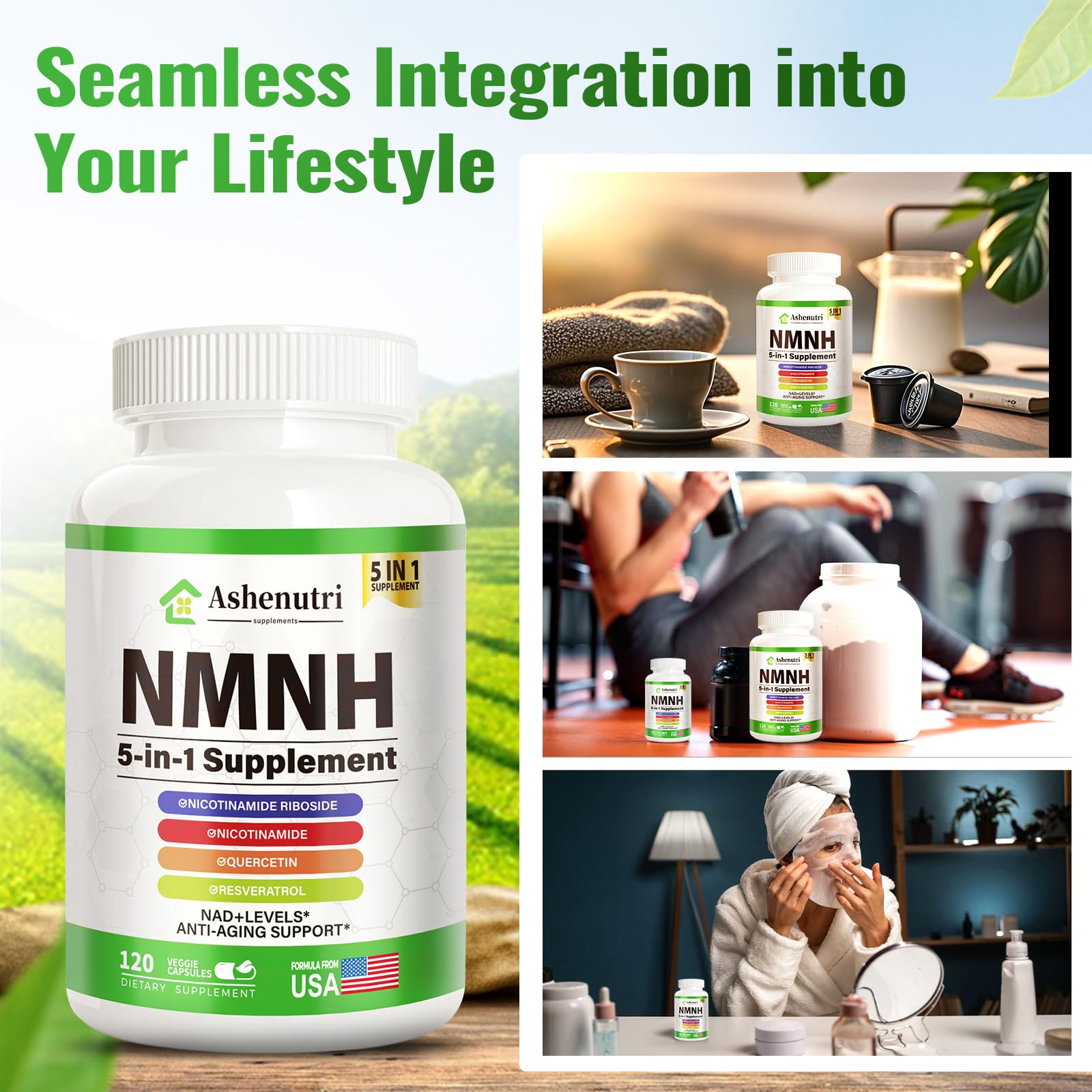 NMNH (Dihydronicotinamide Mononucleotide), NMN Alternative Supplement w/Niacinamide (Vitamin B3), Quercetin, Trans-Resveratrol, Support NAD+, Skin Cell Health*, Anti-Aging & Energy, 120 Caps AshenutriAu supplements
