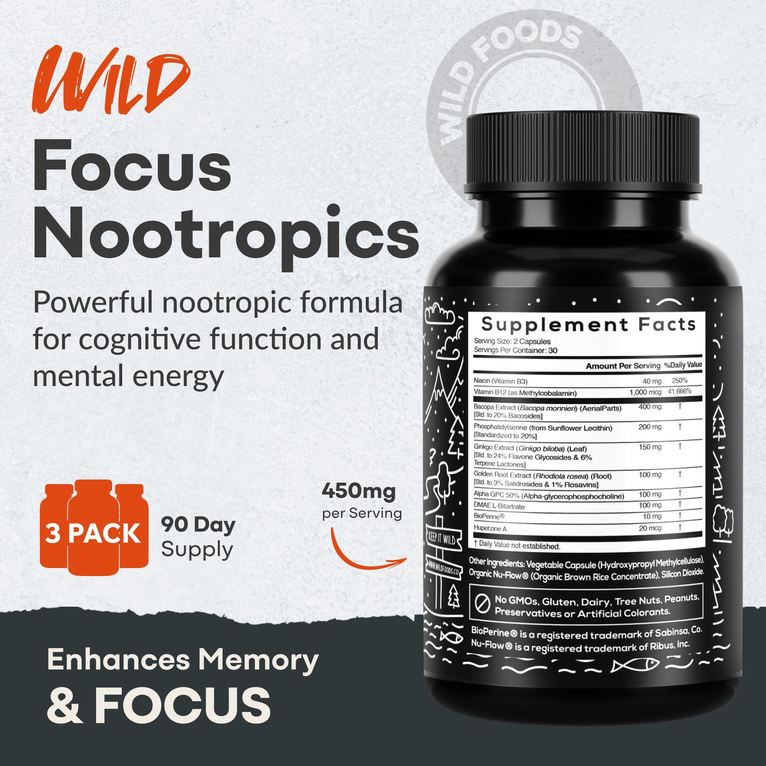 Wild Focus Brain Supplements | Caffeine-Free, Plant-Based Botanicals | Lions Mane, Ginkgo Biloba, Bacopa Monnieri, Lemon Balm | 100% Natural Nootropic | 60 caps Wild FoodsAu supplements