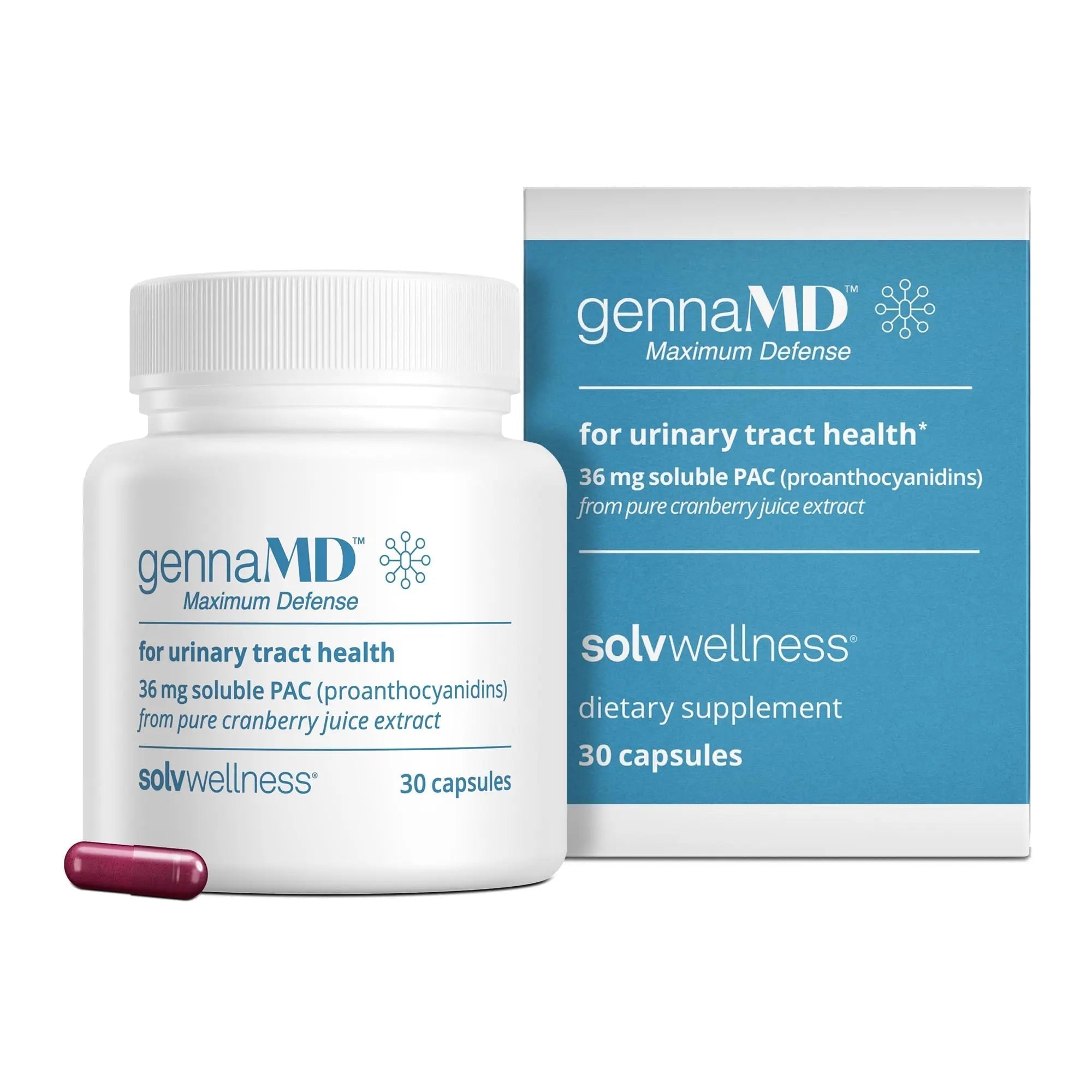 Solv Wellness GennaMD - Maximum UTI Defense - 36 mg Soluble PAC from 100% Cranberry Juice Extract - Highest PAC Concentration in a Small, Easy-to-Swallow Capsule - 30 Capsules Solv WellnessAu supplements