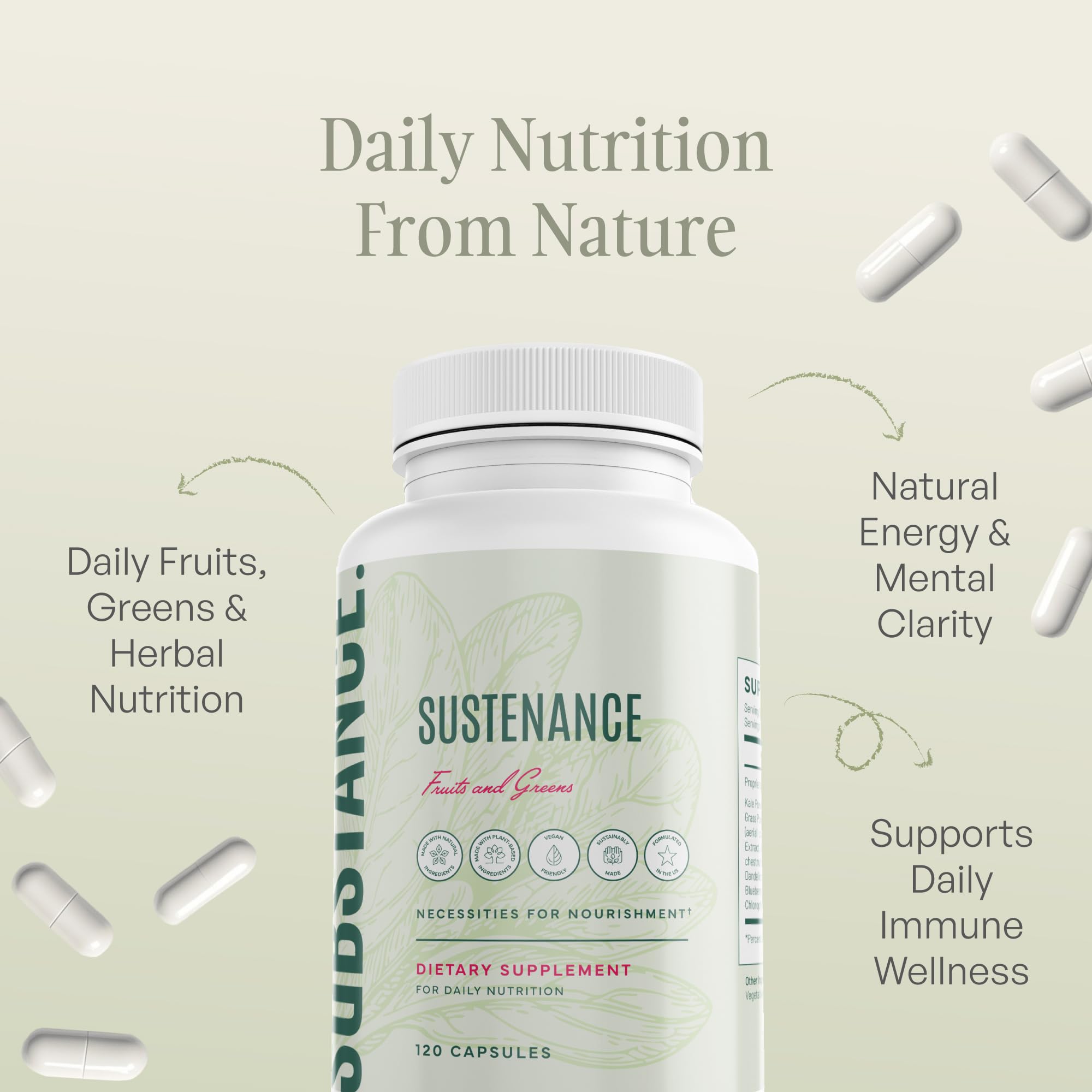 SUBSTANCE. - Nature's Sustenance Daily Greens, Daily Fruit and Veggies Supplement - Enhance Energy, Mental Clarity - Fruits and Vegetables Supplements - US Made, Vegan-Friendly - 30 Servings. SUBSTANCE.Au supplements