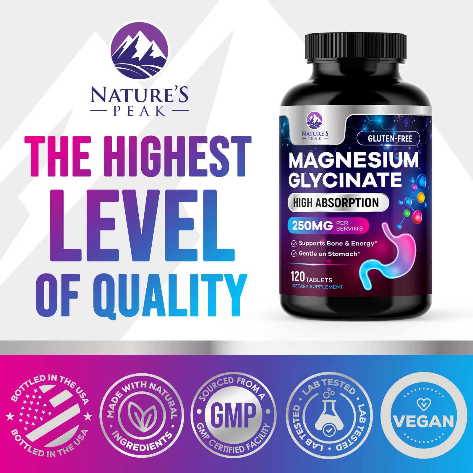 Magnesium Glycinate Supplement 250mg - 100% Chelated & Purified - to Support Sleep, Heart Health, Muscles, & Bone Strength - Best Absorption Magnesium Glycinate Capsules, Bottled in USA - 120 Tablets Nature's PeakAu supplements