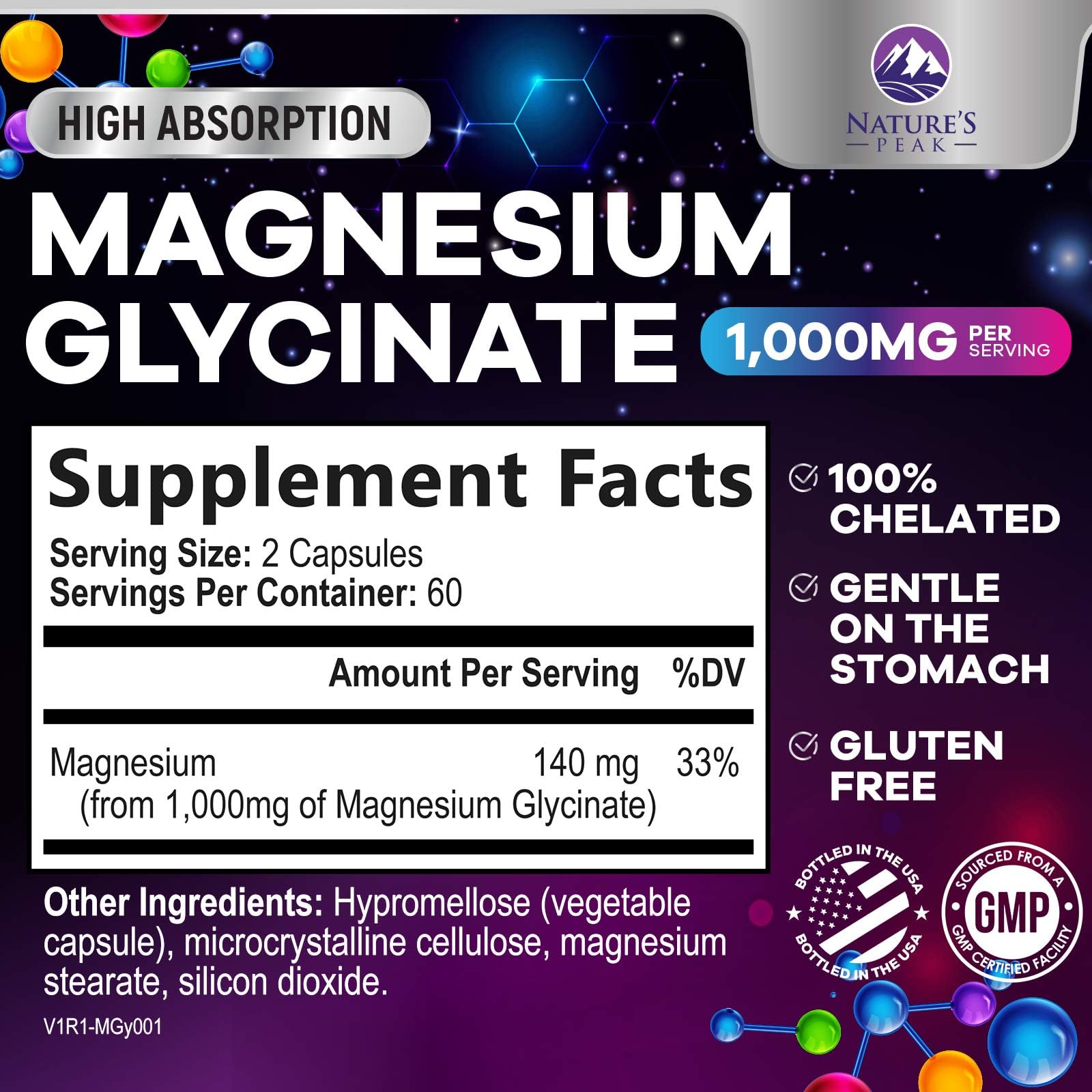 Magnesium Glycinate Capsules 1000mg Per Serving - Pure & Chelated for Max Absorption - Supports Muscle, Nerve & Heart Health, Sleep Support - Magnesium Supplement for Whole Body Support - 120 Capsules Nature's PeakAu supplements