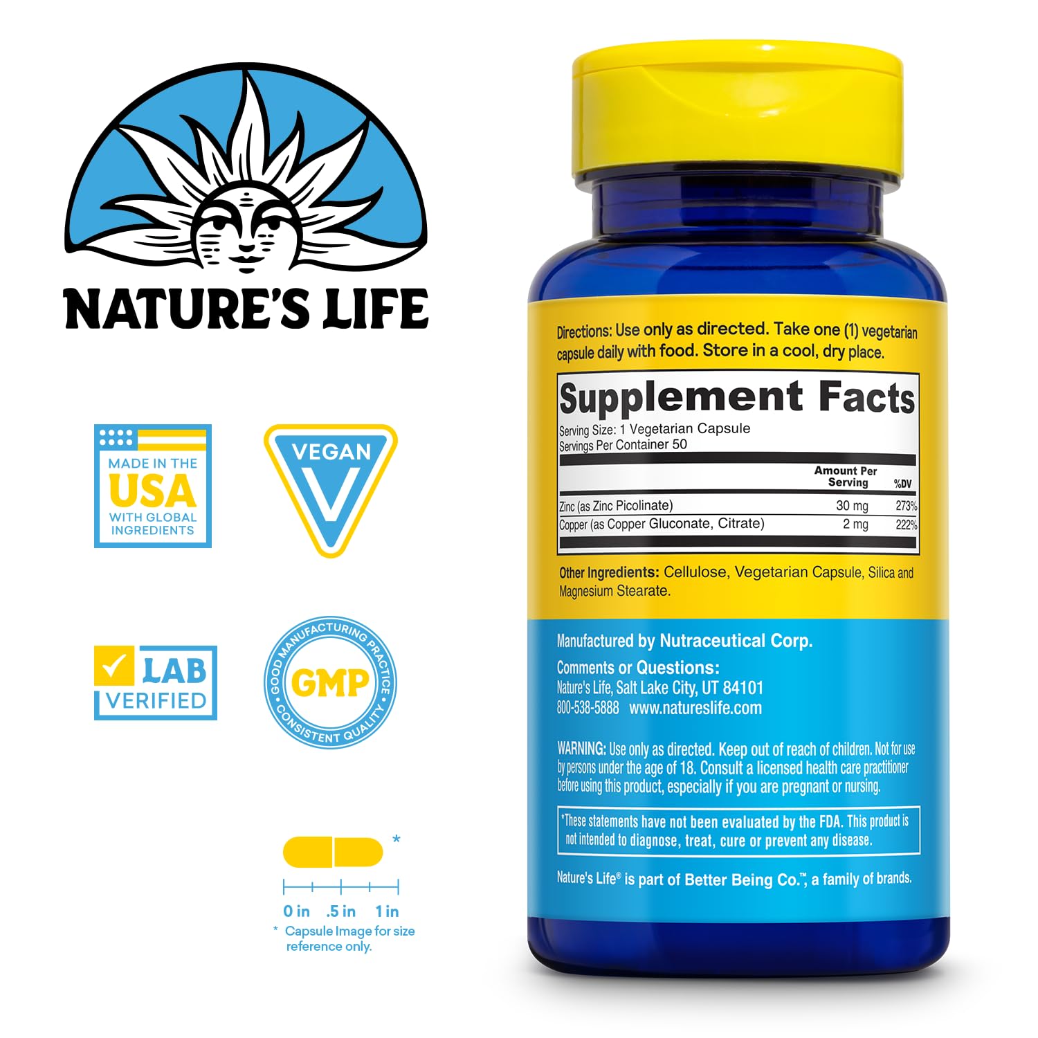 Nature's Life Zinc Picolinate 30mg Plus 2mg of Copper - Chelated Zinc Supplement for Immune, Cardiovascular, Skin, Cellular Function, and Muscle Support - 60-Day Guarantee - 50 Servings, 50 Capsules Nature's LifeAu supplements