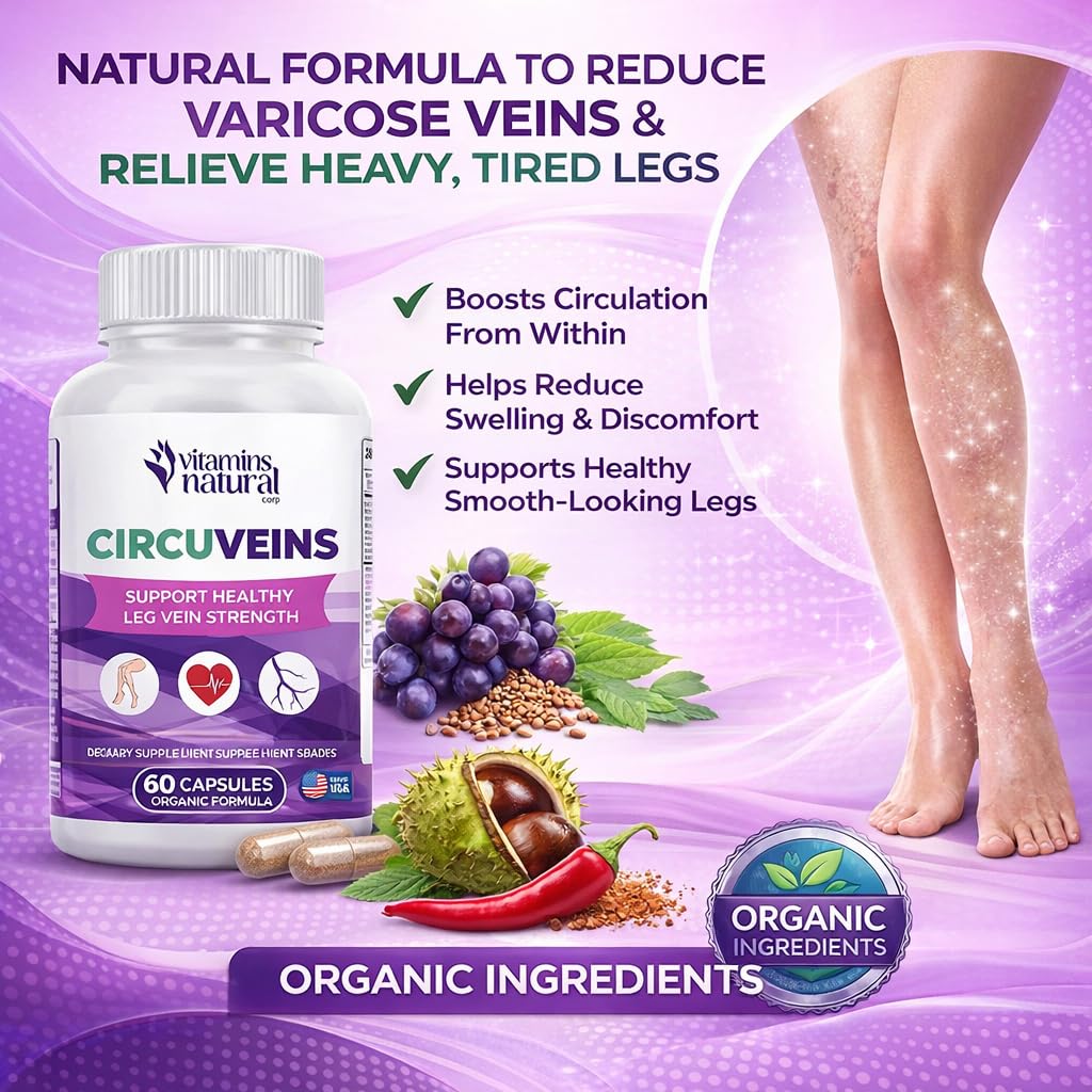 VITAMINS NATURAL CORP. CircuVeins Varicose Veins Support for Legs Capsules – Organic Vein Health Supplement with Horse Chestnut Grape Extract and Cayenne Pepper – 60 Capsules VITAMINS NATURAL CORPAu supplements