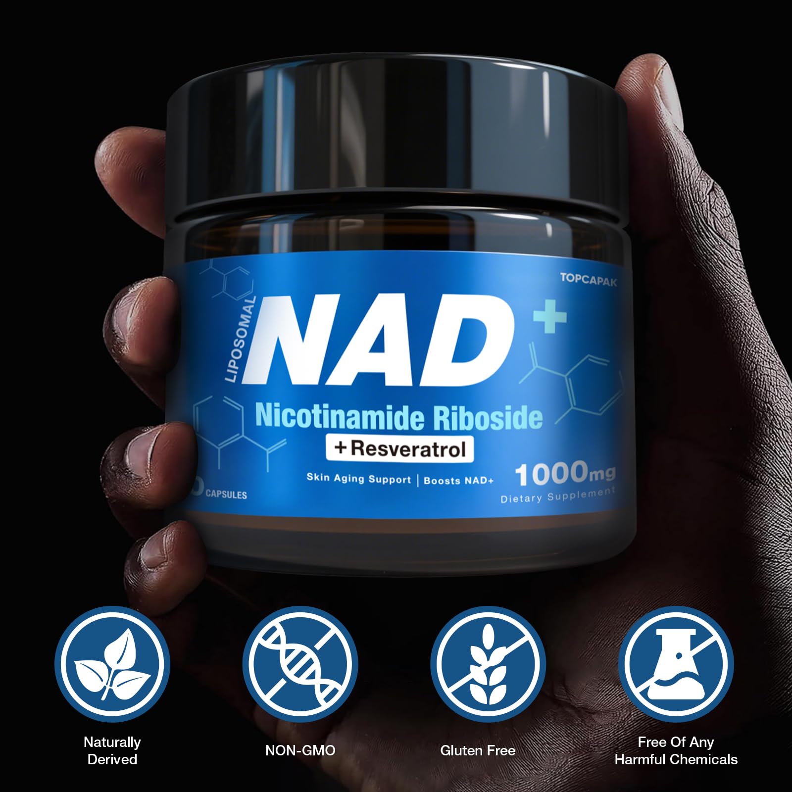 TOPCAPAK NAD+ Supplement - NAD Nicotinamide Riboside Resveratrol, Liposomal NAD+ Supplement 1000mg for for Women & Men - Healthy Aging, Brain and Cellular Energy, Non-GMO, 80 Capsules TOPCAPAKAu supplements