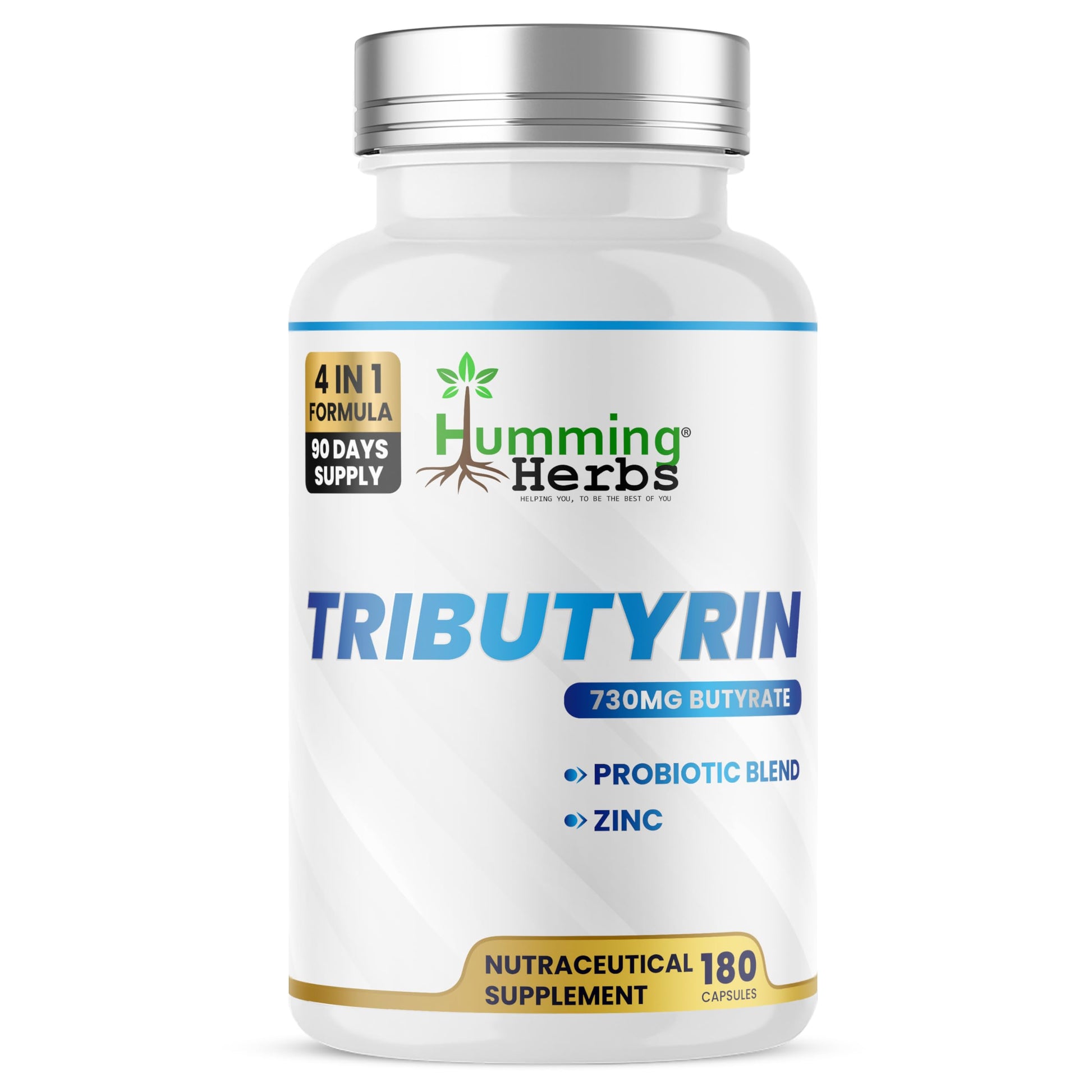 Humming Herbs Tributyrin Complex — 850 mg per Serving (95% Pure, yielding 731 mg Butyrate) with L-Glutamine, Zinc L-Carnosine, FOS & Probiotic Blend (180) Humming HerbsAu supplements