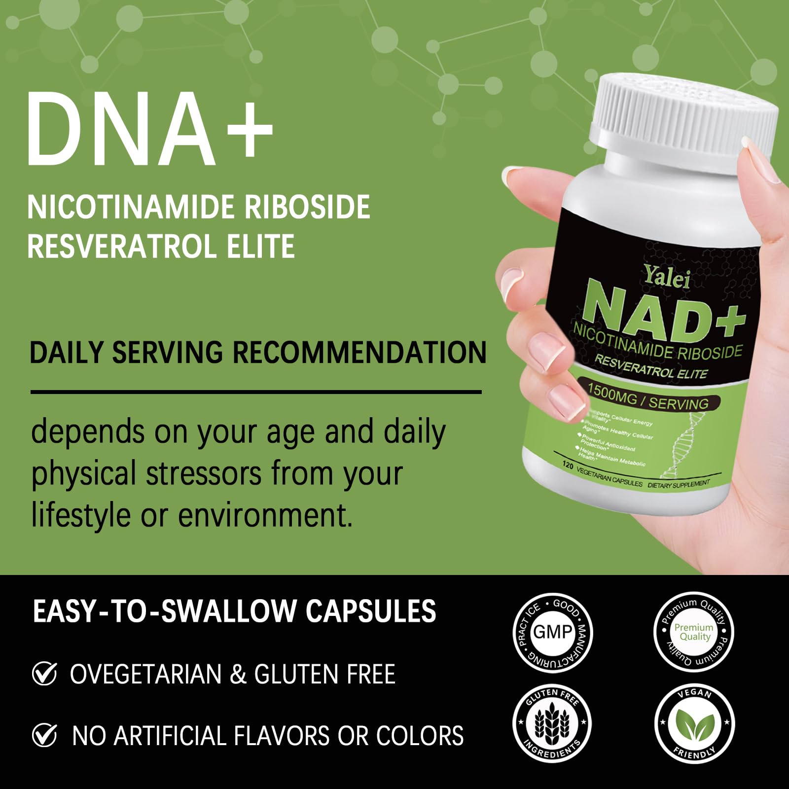 Yalei NAD Resveratrol Supplement 1500mg,120 Veggie Capsules | Liposomal NAD Plus Boosting | Support Cellular Health, Stamina & Healthy Aging for Women & Men | Non-GMO YaleiAu supplements