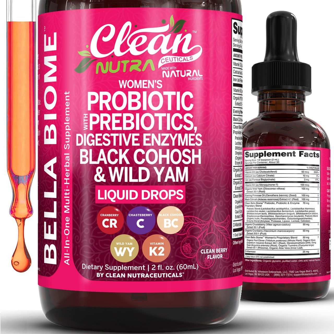 Liquid Probiotics for Women Drops with Chasteberry, Black Cohosh, Prebiotics, Digestive Enzymes, Evening Primrose Oil, Wild Yam, Cranberry Dmannose and Iron Vitamin D3 K2 Clean Nutra Bella Biotics Clean NutraceuticalsAu supplements
