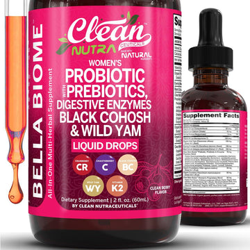 Liquid Probiotics for Women Drops with Chasteberry, Black Cohosh, Prebiotics, Digestive Enzymes, Evening Primrose Oil, Wild Yam, Cranberry Dmannose and Iron Vitamin D3 K2 Clean Nutra Bella Biotics Clean NutraceuticalsAu supplements