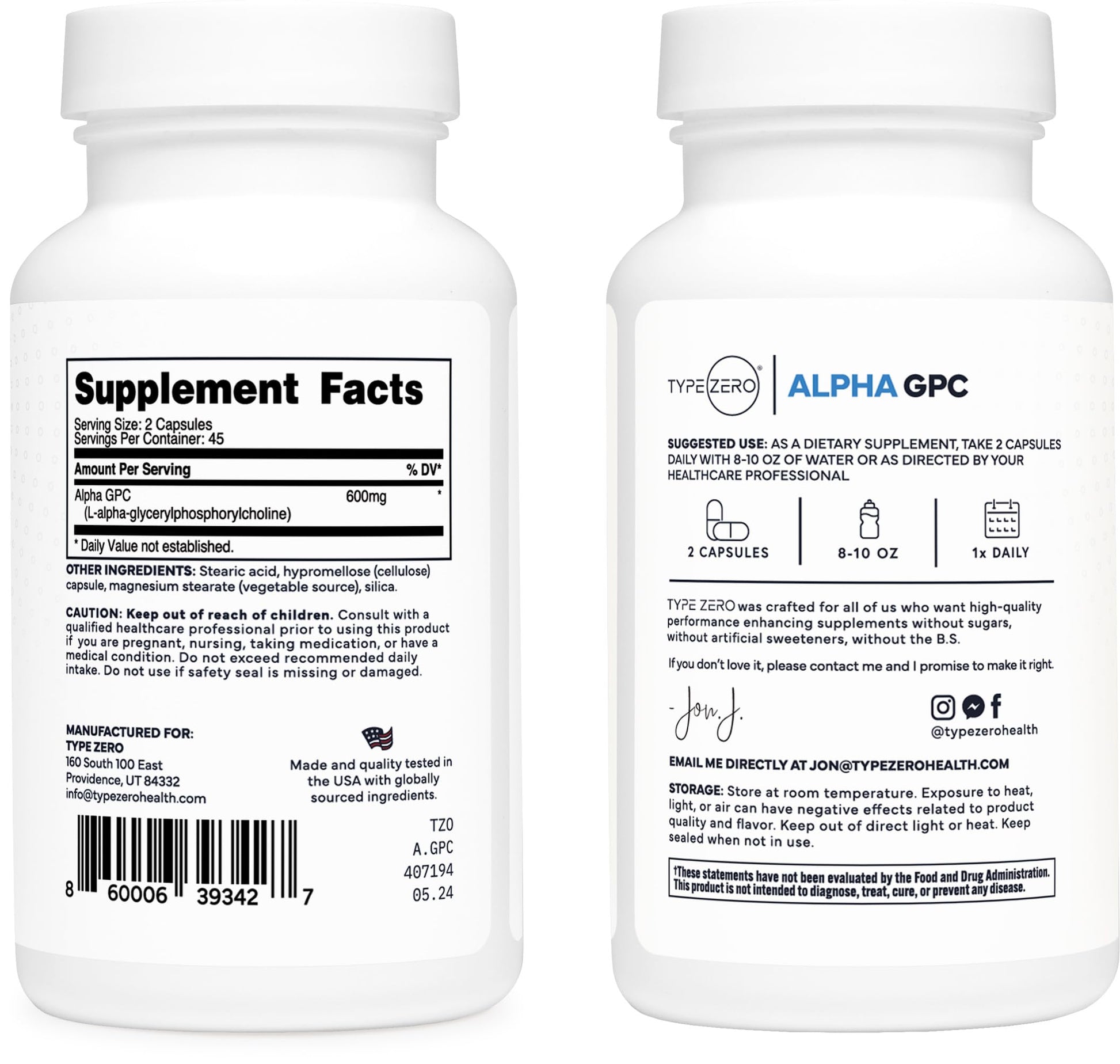 Type Zero Ultra Clean Alpha GPC Choline Supplement (600mg | 90 Capsules) Soy Free, Non-GMO Nootropics Alpha GPC 600mg / 300mg; Alpha-GPC Brain Memory and Focus Supplements Type ZeroUS supplements