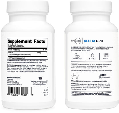 Type Zero Ultra Clean Alpha GPC Choline Supplement (600mg | 90 Capsules) Soy Free, Non-GMO Nootropics Alpha GPC 600mg / 300mg; Alpha-GPC Brain Memory and Focus Supplements Type ZeroUS supplements