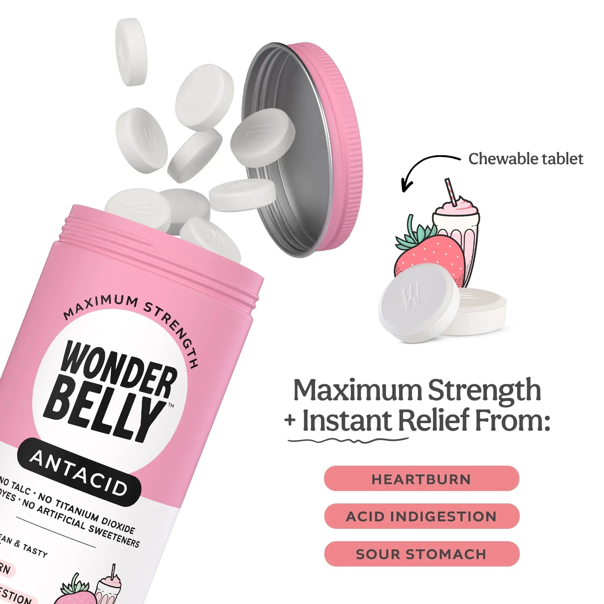 Wonderbelly Antacid, Effective Heartburn and Instant Acid Indigestion Relief, Extra Strength Chewable Tablets, 1000 mg Calcium Carbonate, No Talc or Dye, Strawberry Milkshake, 120 Count Wonderbellynz supplements