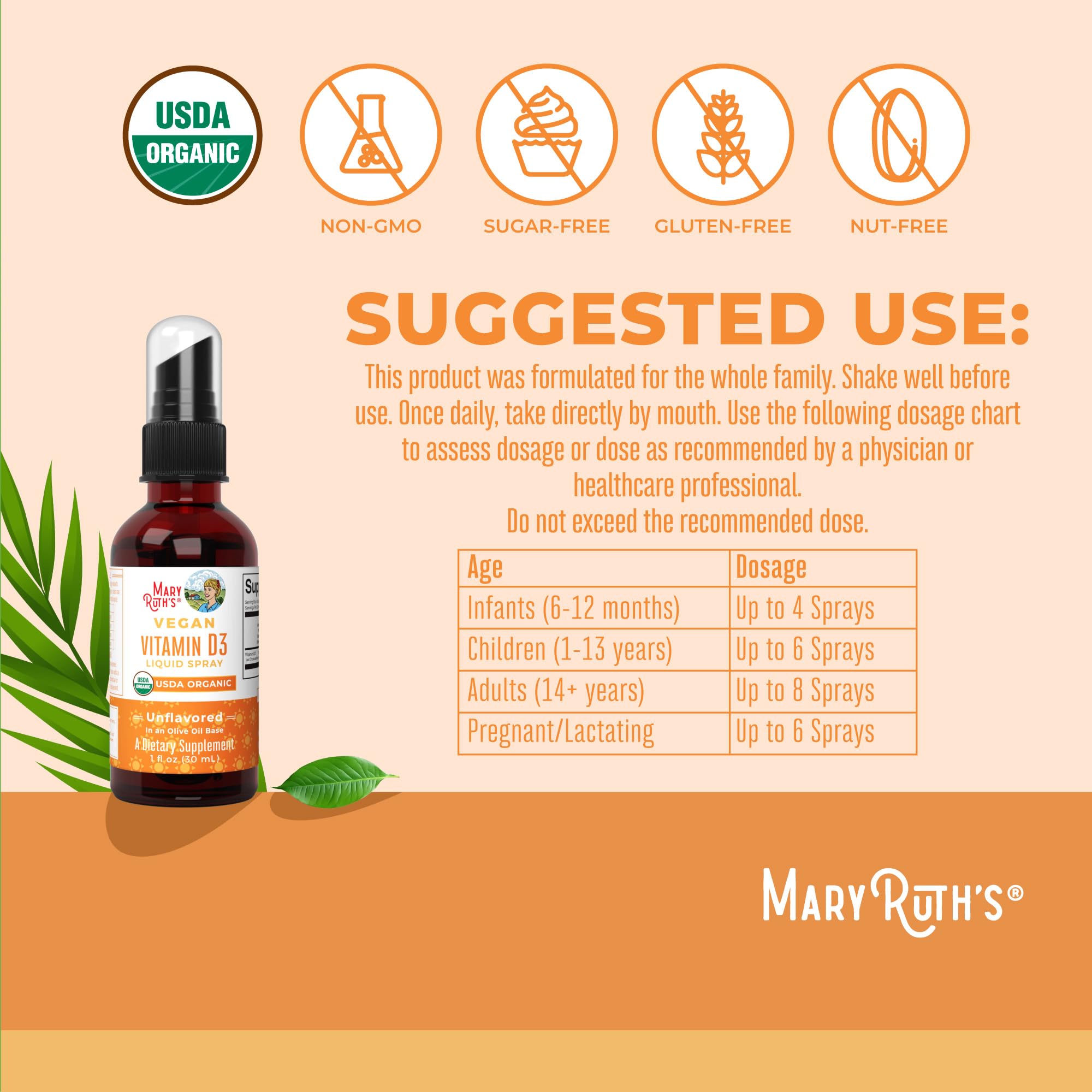 MaryRuth Organics Vitamin D USDA Organic | VIT D3 Liquid | Sugar Free | Liquid VIT D Spray Immune Support for Adults & Kids | Bone Health| Vegan | Gluten Free | Non-GMO | 30 Servings MARYRUTH'SUS supplements