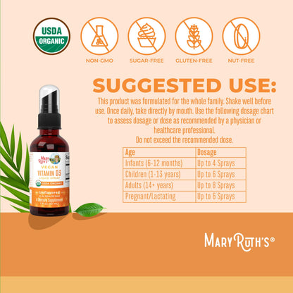 MaryRuth Organics Vitamin D USDA Organic | VIT D3 Liquid | Sugar Free | Liquid VIT D Spray Immune Support for Adults & Kids | Bone Health| Vegan | Gluten Free | Non-GMO | 30 Servings MARYRUTH'SUS supplements