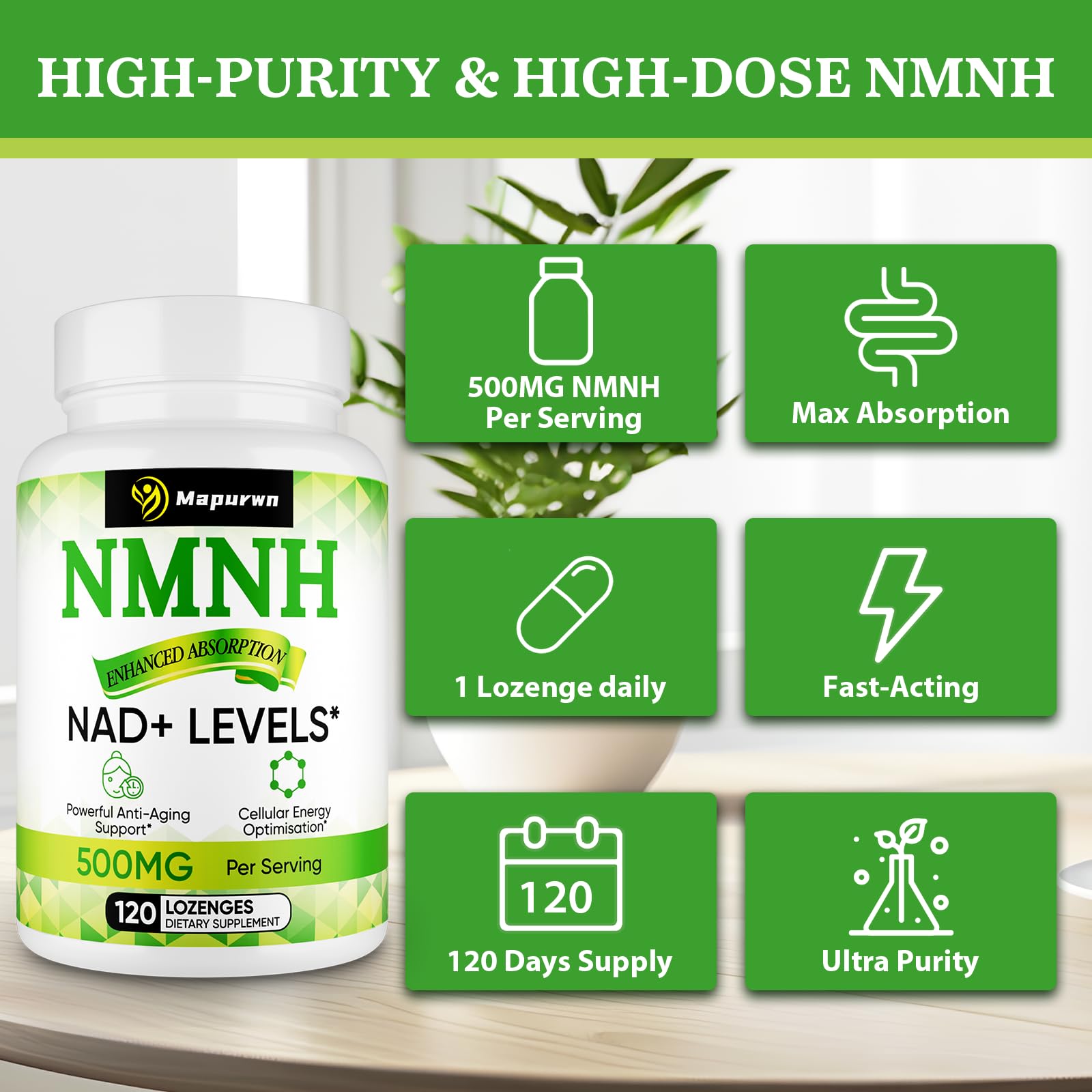 Mapurwn NMNH (Dihydronicotinamide Mononucleotide), NMN Supplement, 500mg per Serving NAD Supplement to Boost NAD+ Levels As We Age for Women & Men, Anti-Aging, Energy, Focus, 120 Count MapurwnAu supplements