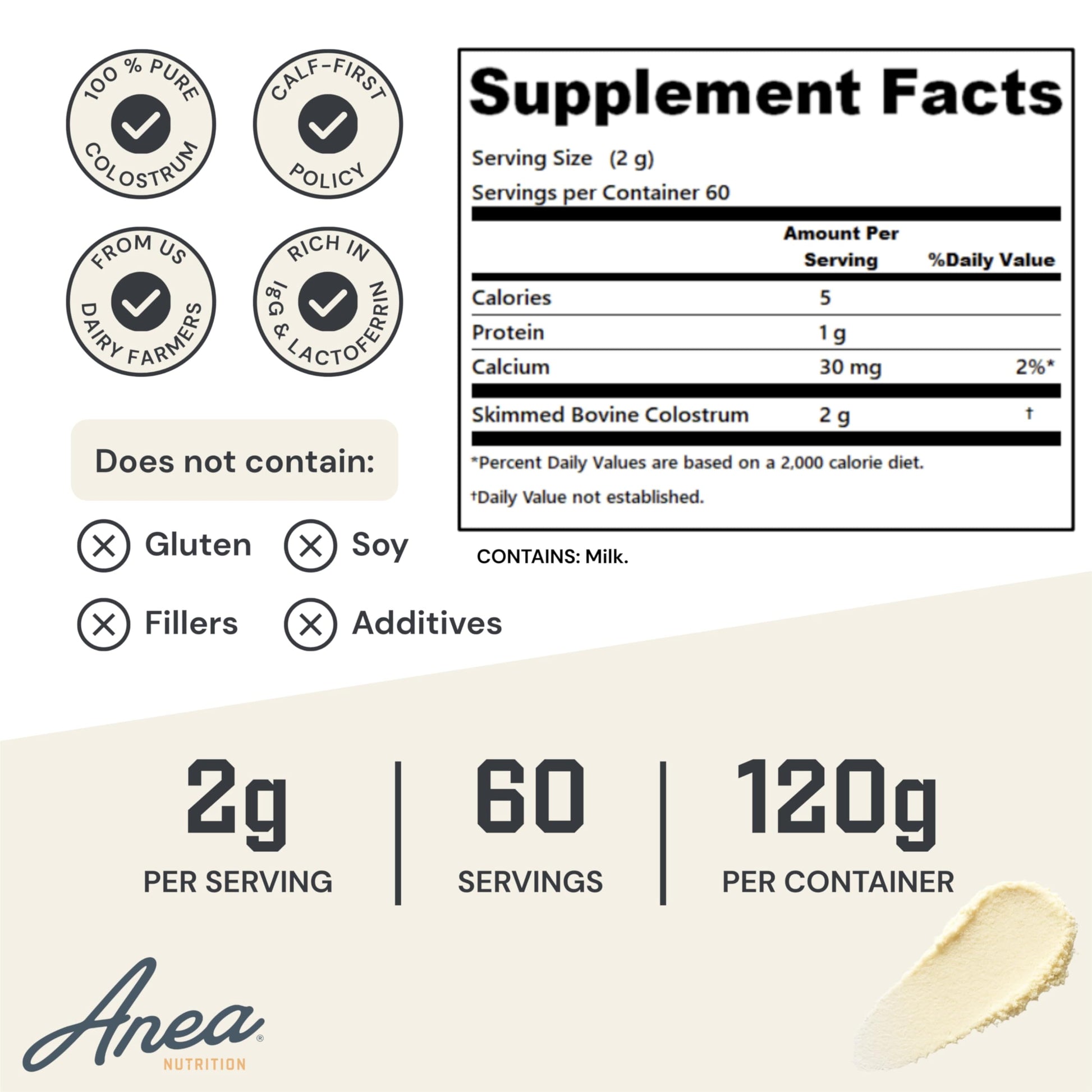 Anea Colostrum - Unflavored | Rich in Immunoglobulins & Lactoferrin | Supports Gut Health, Immunity & Recovery | Calf-First Promise | Made in USA | Made in GMP Facility Anea NutritionAu supplements