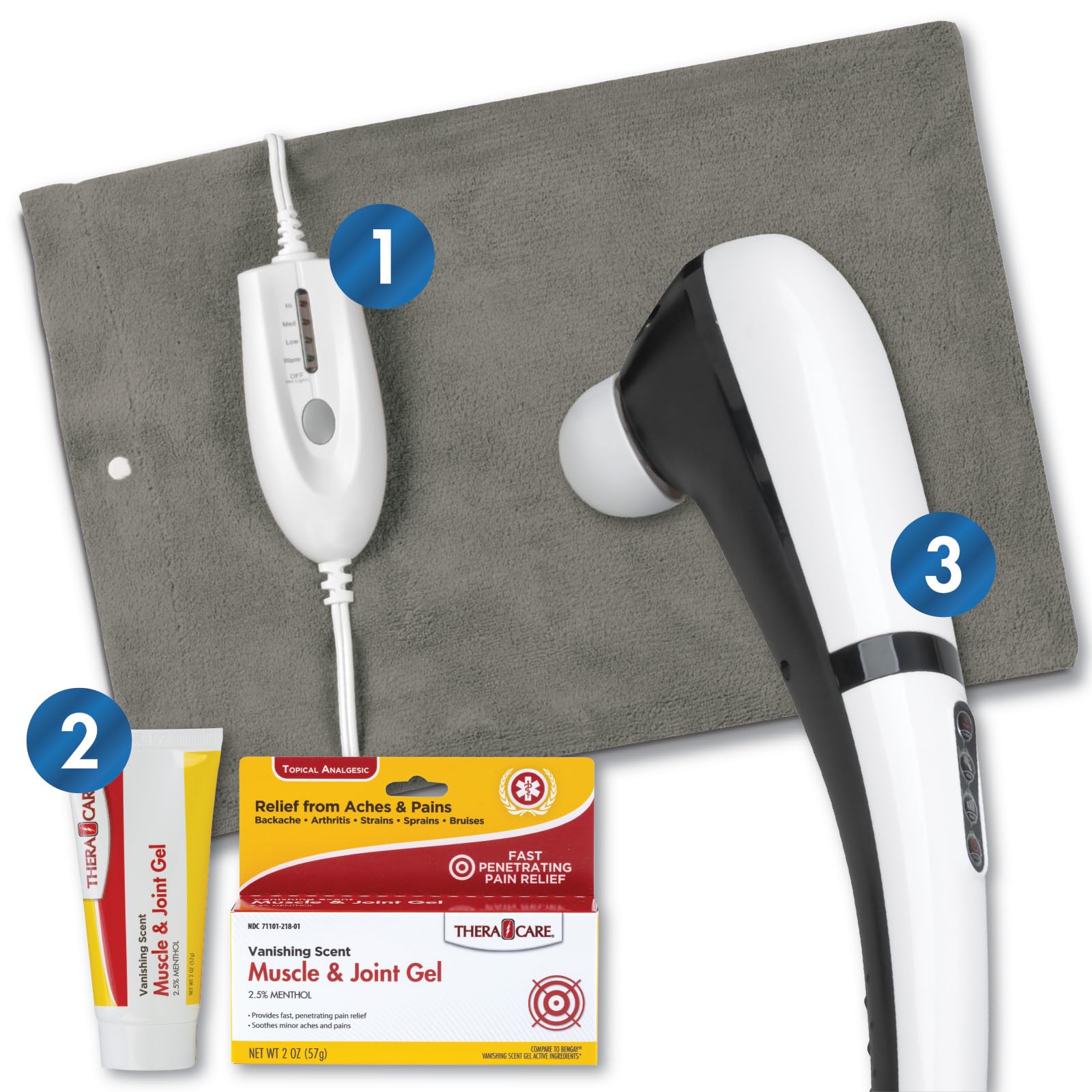 Pain Management Bundle 3-Piece | Personal Deep Tissue Massager | Muscle & Joint Pain Relief Gel | Deluxe Moist Dry Heating Pad | Therapeutic Care at Home | Whole Family Care Thera CareAu supplements