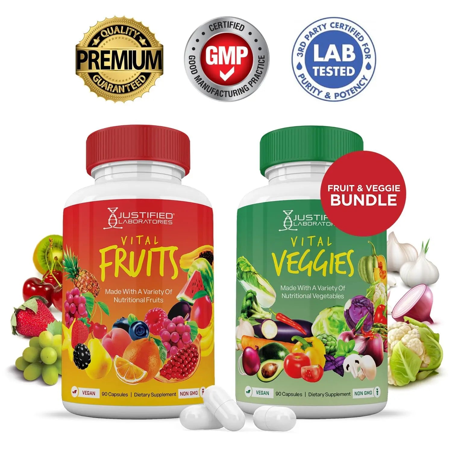 (10 Pack) Vital Fruits and Veggies Supplement Whole Food Red & Green Superfoods Non GMO Vegan Friendly 900 Veggie Capsules 10 Bottles Justified Laboratoriesnz supplements