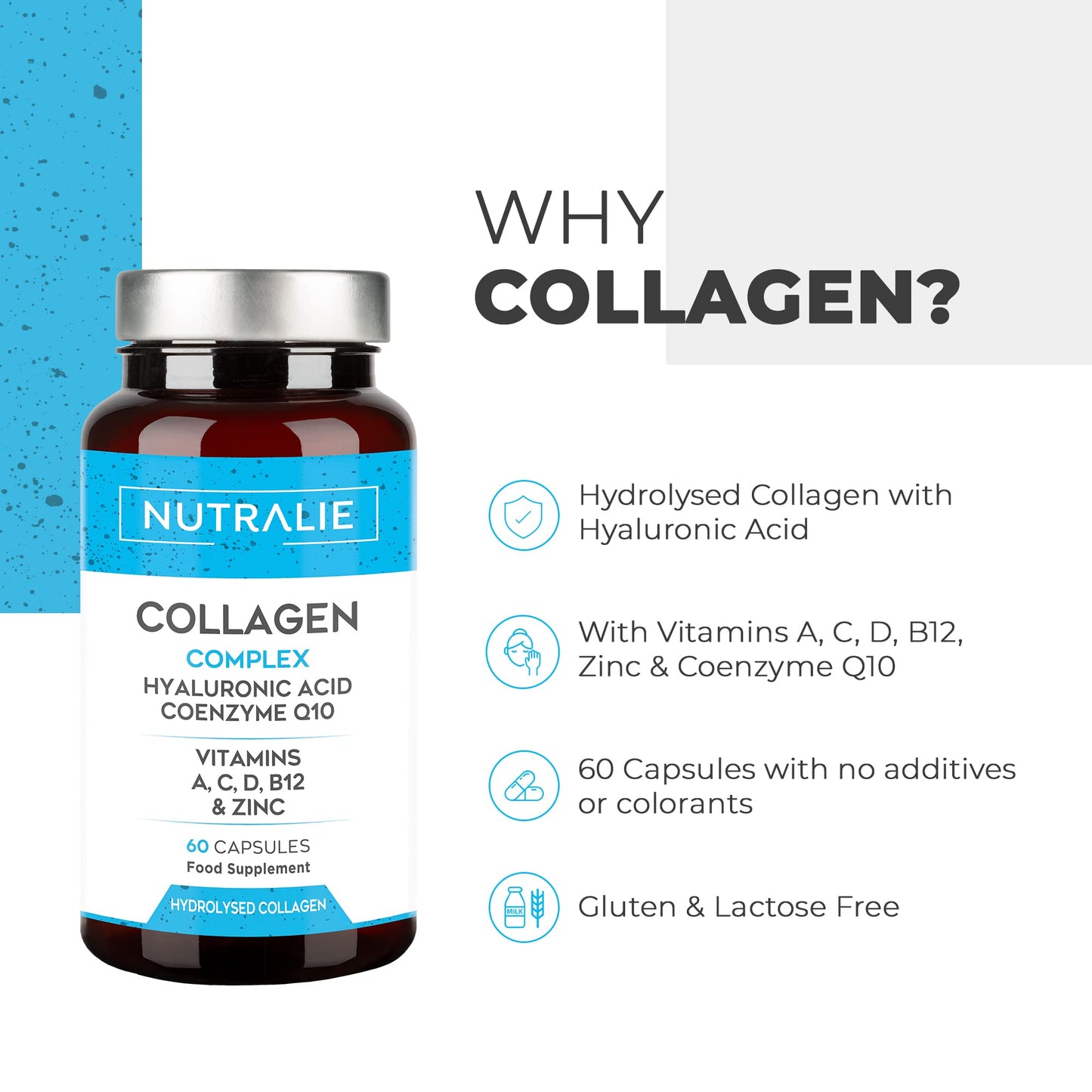 Collagen + Hyaluronic Acid + Q10 Hydrolysed Collagen Women Men + Vitamins A C D B12 Zinc NUTRALIEUS supplements