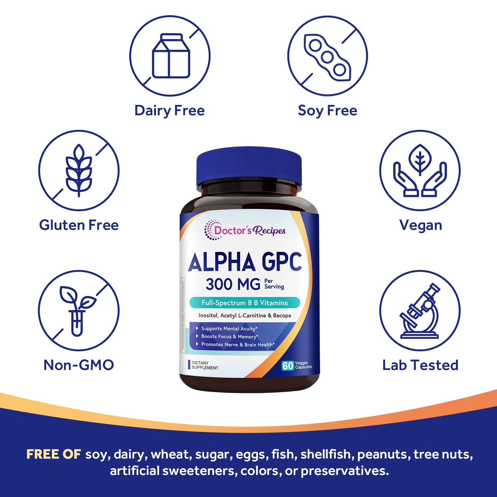 Doctor's Recipes Alpha GPC 300 mg Supplement, with 8 B Vitamins, Inositol, Acetyl L-Carnitine, Highly Bioavailable Source of Choline, 12-in-1 Cognitive Support for Women & Men, 60 Veggie Capsules Doctor's RecipesAu supplements