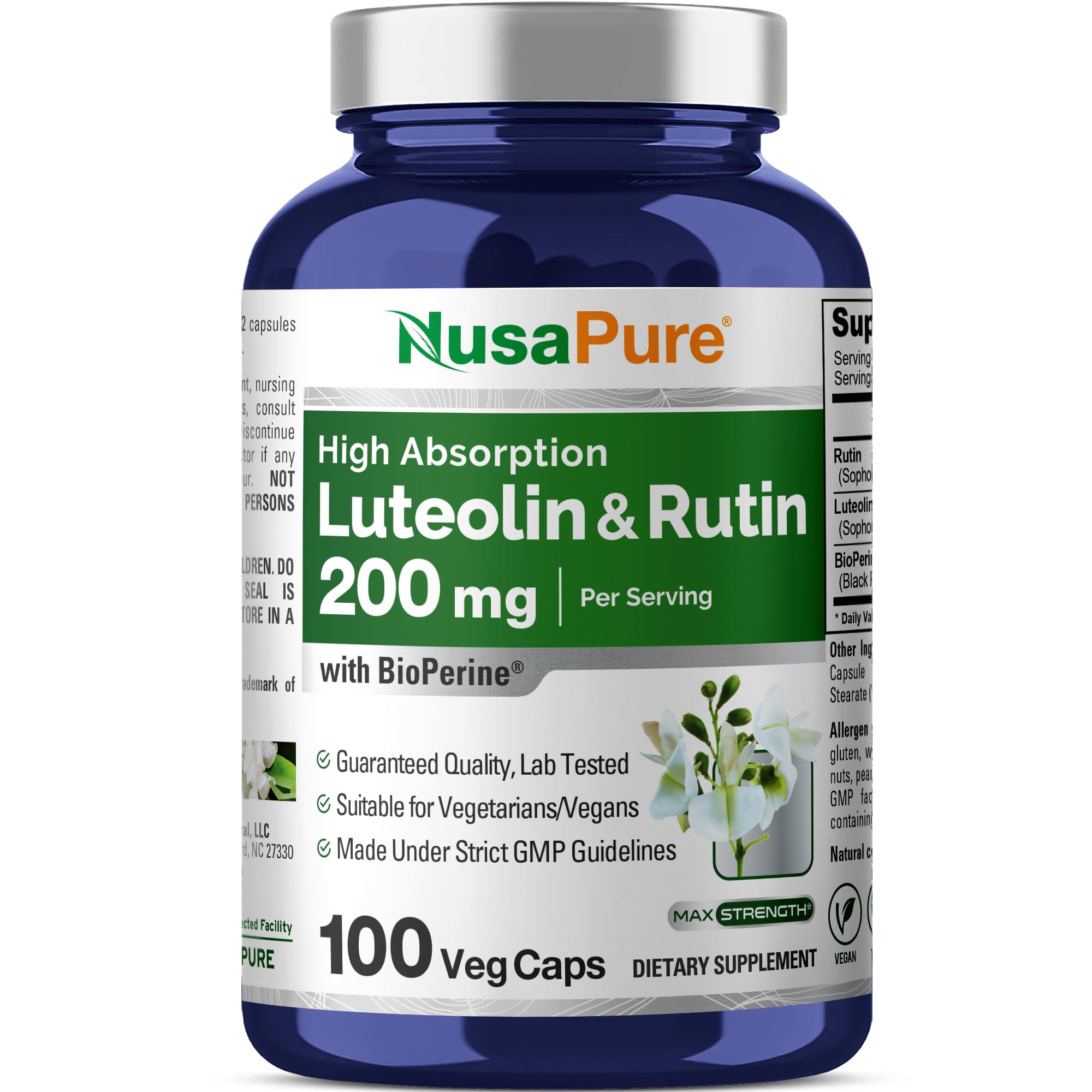 NusaPure Luteolin Complex with Rutin 200 mg | 100 Capsules | Vegetarian, Non-GMO & Vegan Flavonoid Formula NusaPureAu supplements