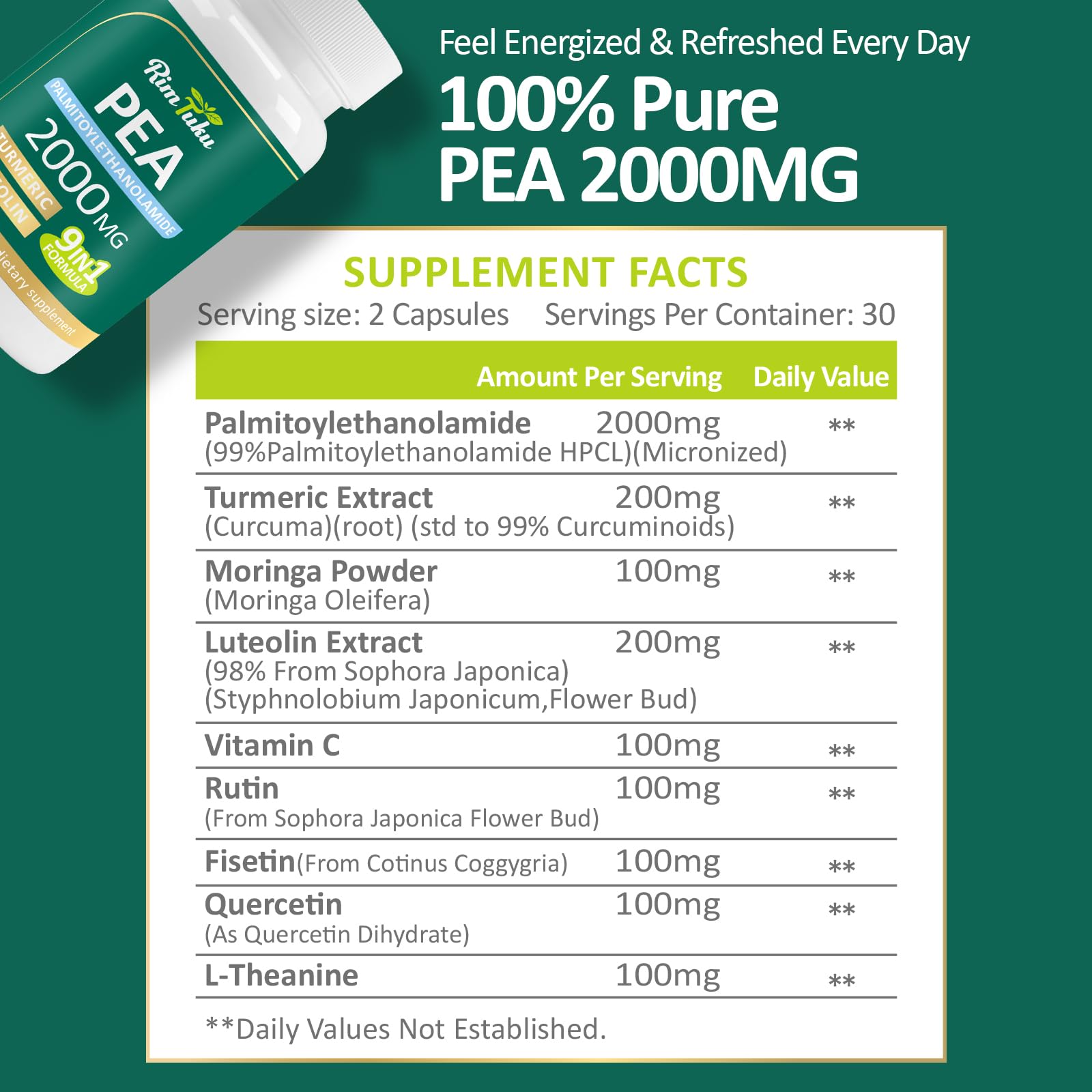 Liposomal Palmitoylethanolamide 2000MG + Luteolin 200MG + Turmeric 200MG & Fisetin 100MG, Micronized Pea 99% Highly Purified Enhanced Absorption Pea Supplement, 120 Capsules RimTukuAu supplements