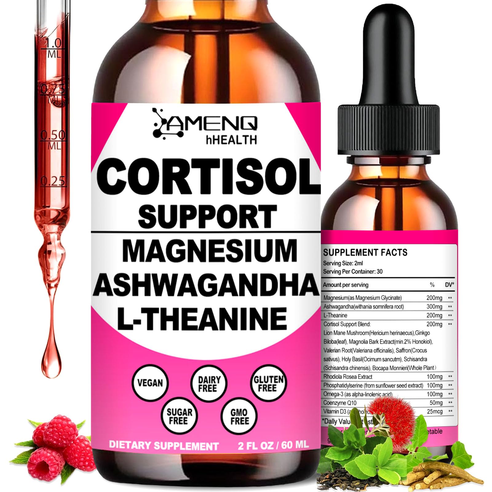 Cortisol Supplement Liquid Drops, 17-in-1 Cortisol Reducer w. Ksm-66 Ashwagandha Theanine Rhodiola Rosea Magnesium Phosphatidylserine, Hormone Balanced & Lower Cortisol for Women Calm* Relaxation AMENQ hHEALTHAu supplements