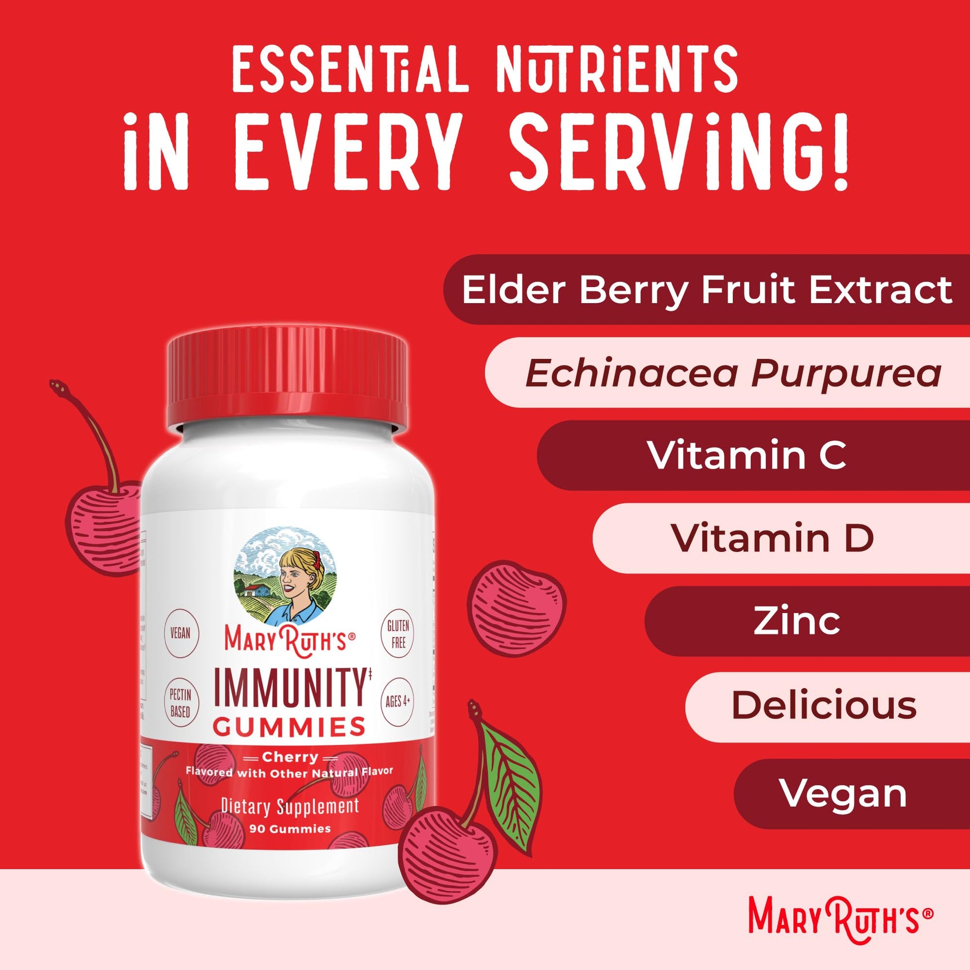 Mary Ruth's 5-1 Immunity Gummies with Elderberry for Kids & Adults | Cherry | Pectin Based | Vegan | 90 Count MARYRUTH'SUS supplements