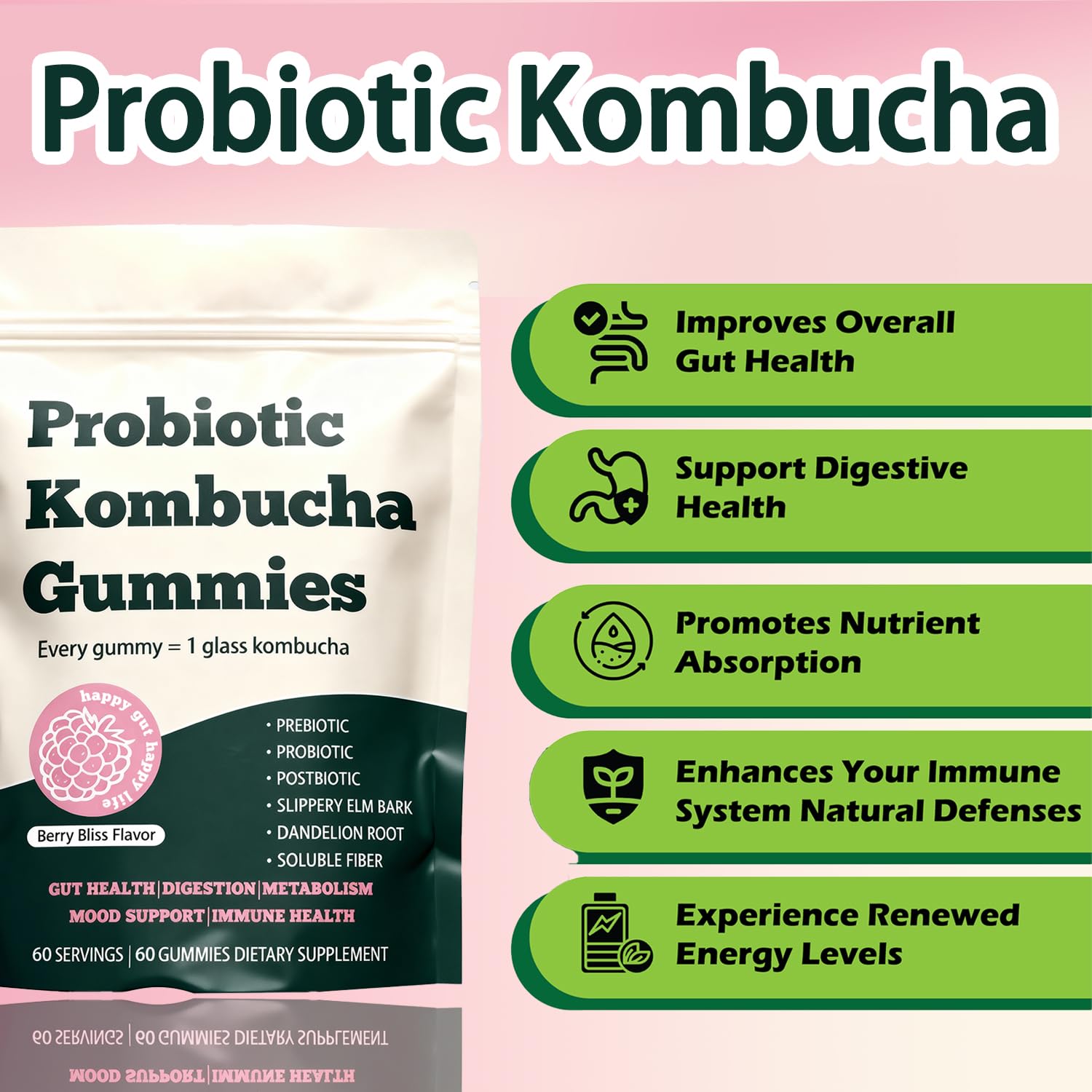 Glo Vous Probiotic Kombucha Gummies – 60 Gummies, with Prebiotics, Postbiotics & Fiber,Includes Slippery Elm, Dandelion Root & MCT Oil,Supports Digestive Health, Bloating Relief & Gut Support Glo VousAu supplements