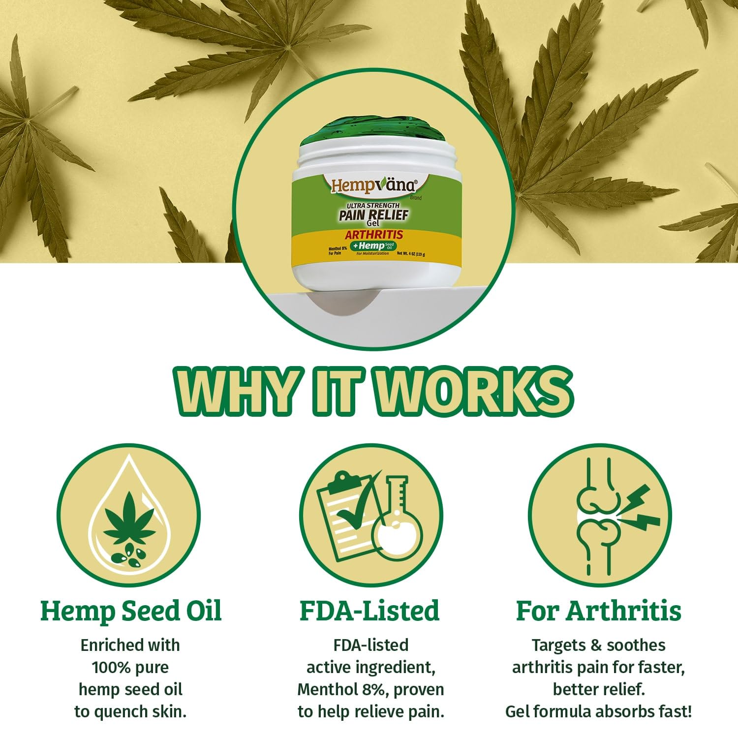 Hempvana Arthritis Pain Relief Gel, Ultra-Strength for Arthritis in Muscles & Joints. Enriched with Hemp Seed Oil, AS SEEN ON TV. Non-Greasy. Targeted Long-Lasting Relief. Works Fast, 3 Oz. HempvanaAu supplements