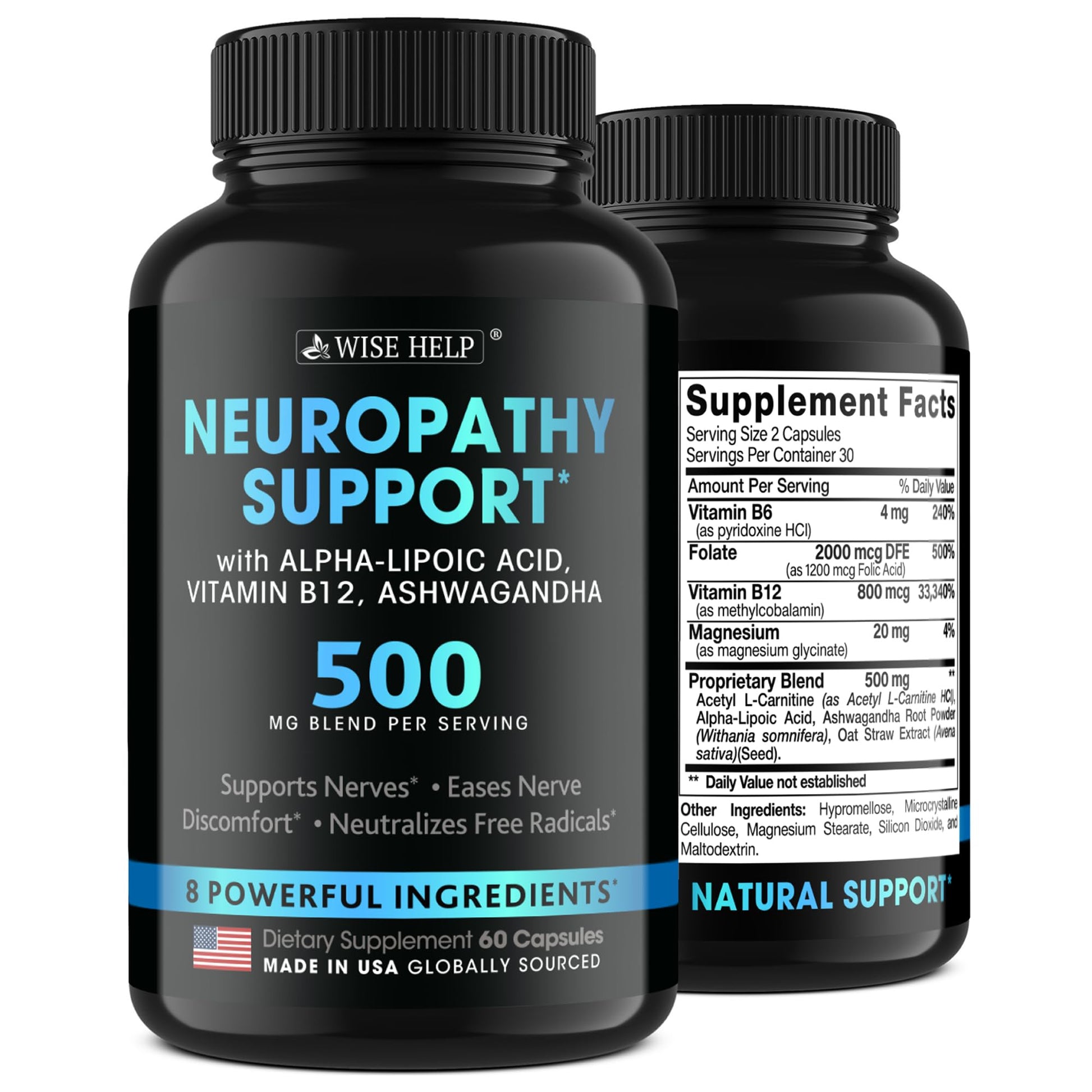 Neuropathy Support Natural Nerve Discomfort Relief - Made in USA - Nerve Antioxidant for Trigeminal Neuralgia, Diabetic & Peripheral Neuropathy - Hands, Neck, Feet & Toes Treatment Formula - 60 Caps WISEHELPAu supplements