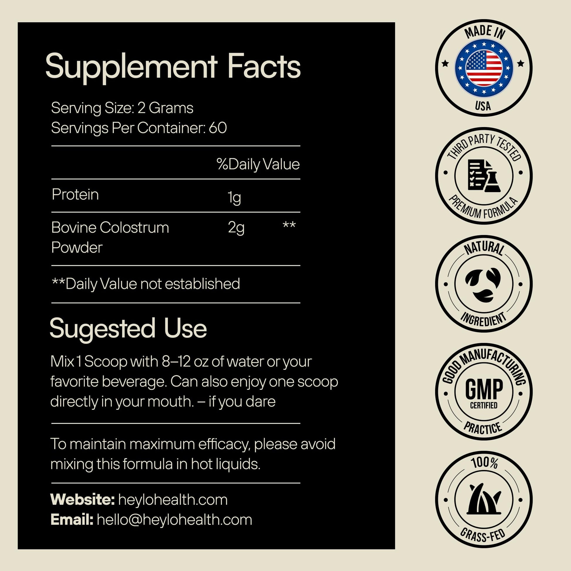 Heylo Premium Colostrum Powder – 100% Pure, Grass-Fed Bovine 40% IgG Supplement, Natural Gut Health Bloating Immunity Skin & Hair, Muscle Recovery, Rich in Immunoglobulins, 60 Servings Heylo HealthAu supplements