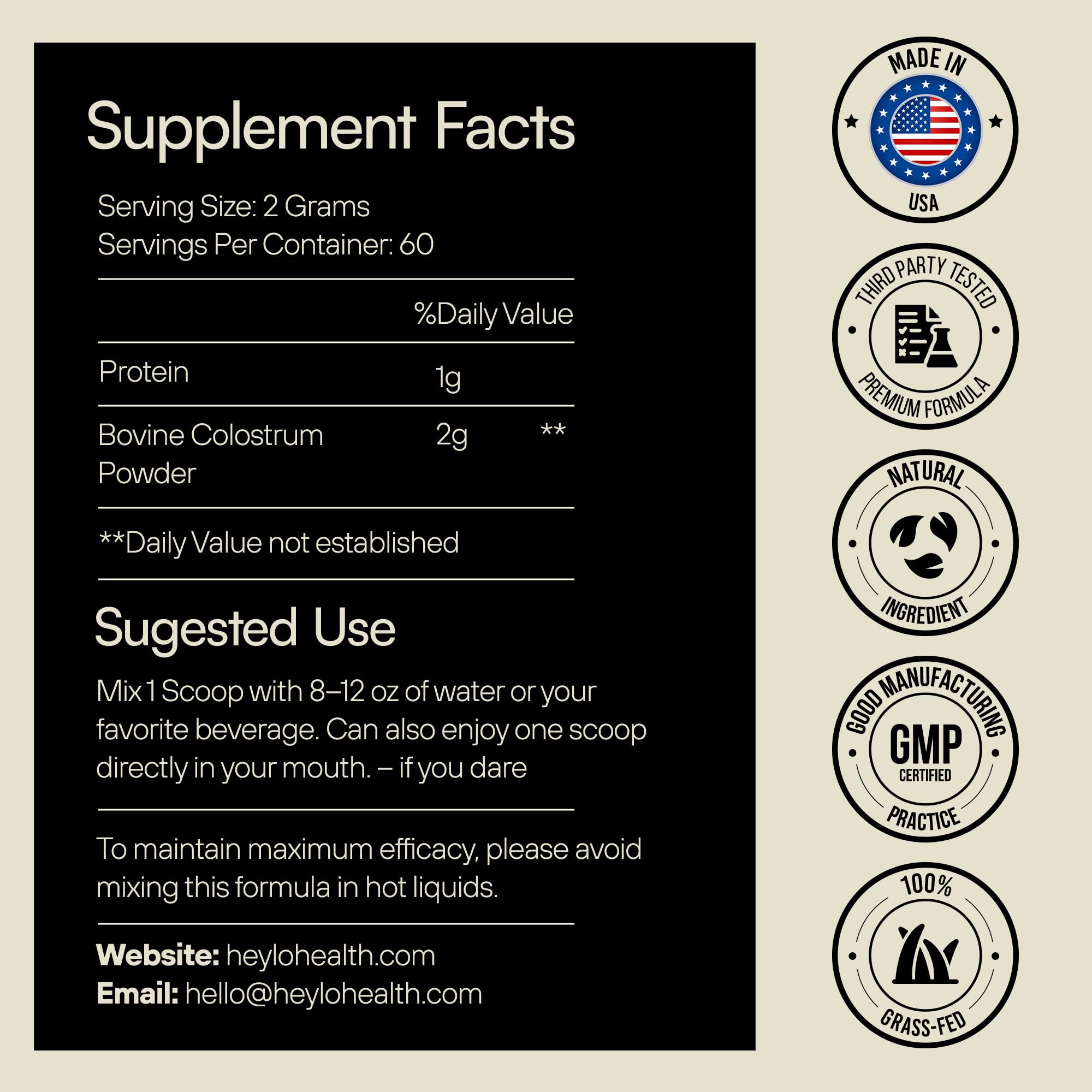 Heylo Premium Colostrum Powder – 100% Pure, Grass-Fed Bovine 40% IgG Supplement, Natural Gut Health Bloating Immunity Skin & Hair, Muscle Recovery, Rich in Immunoglobulins, 60 Servings Heylo HealthAu supplements