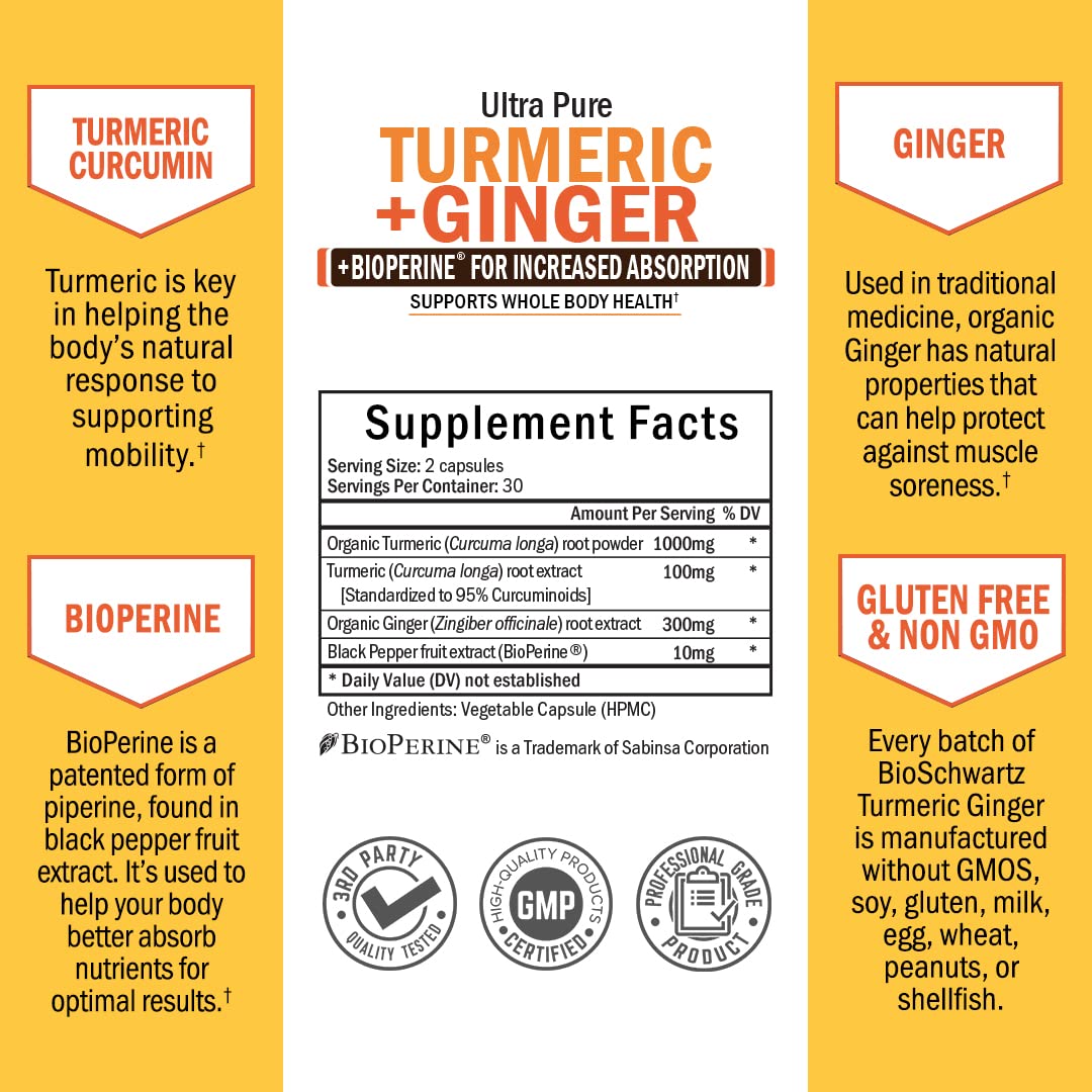 Organic Turmeric Curcumin and Ginger - 95% Standardized Curcuminoids with BioPerine BioSchwartzAu supplements